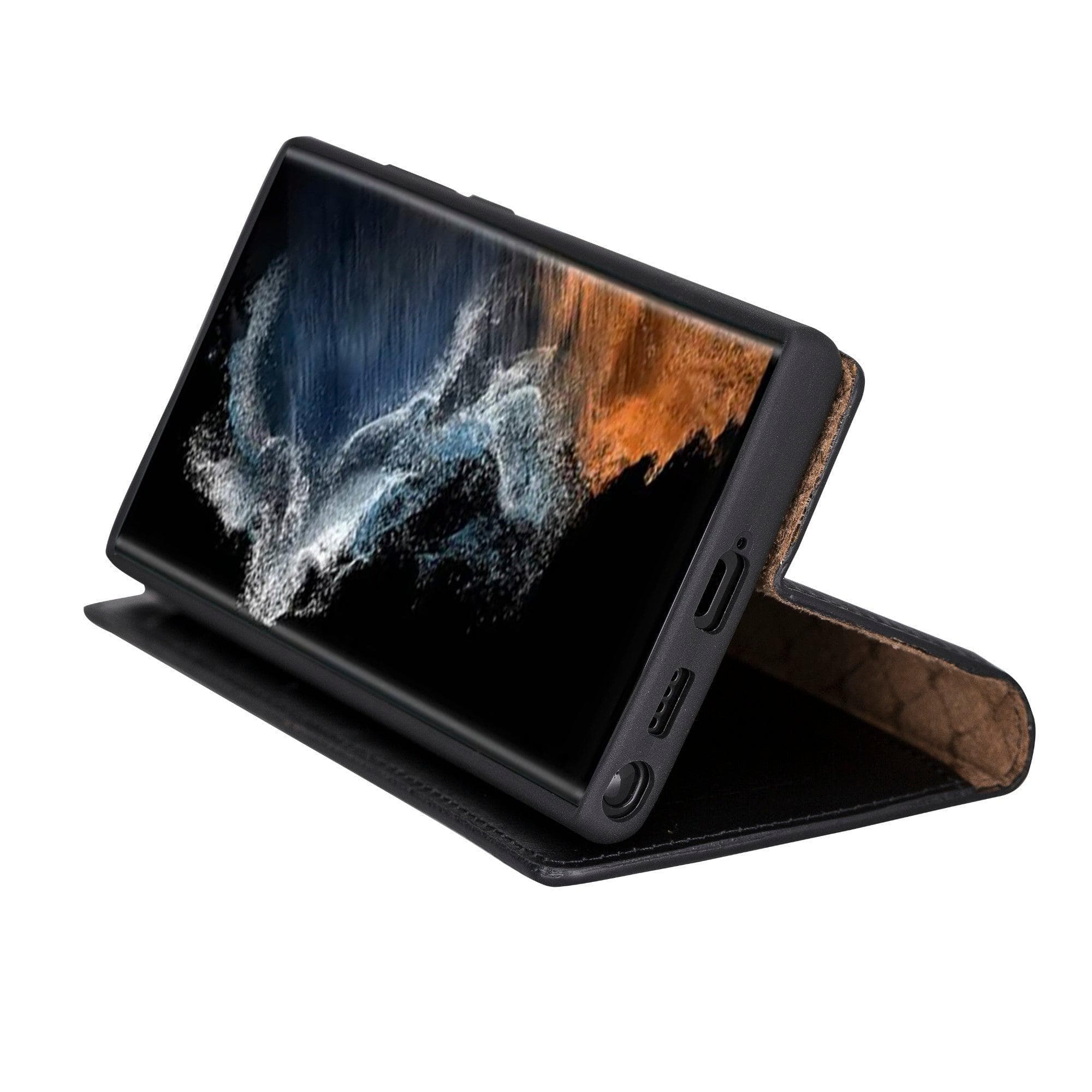 Samsung Galaxy S22 Series Leather Detachable Wallet Case in black, showcasing its premium leather finish and detachable design.