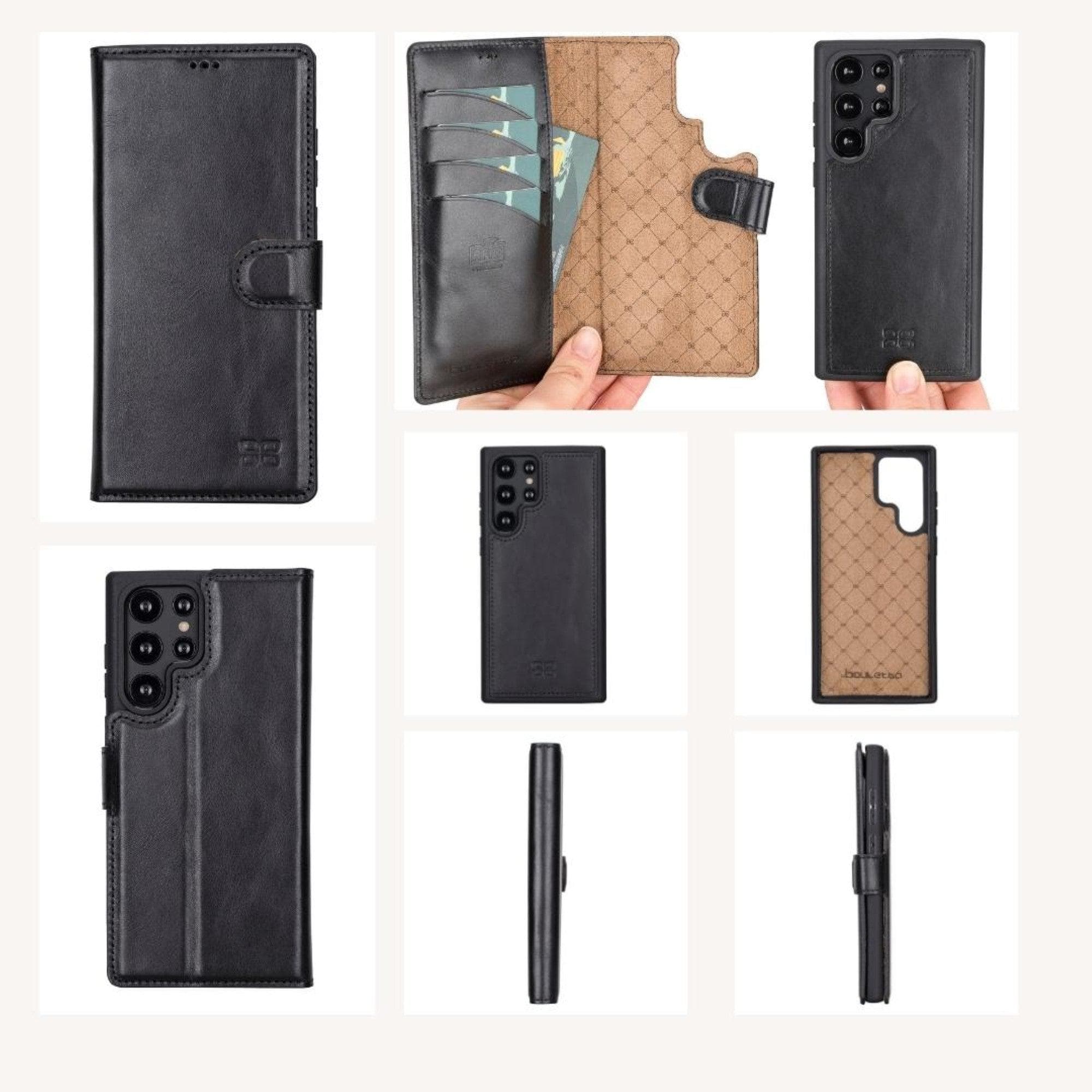 Samsung Galaxy S22 Series Leather Detachable Wallet Case in black, showcasing its premium leather finish and detachable design.