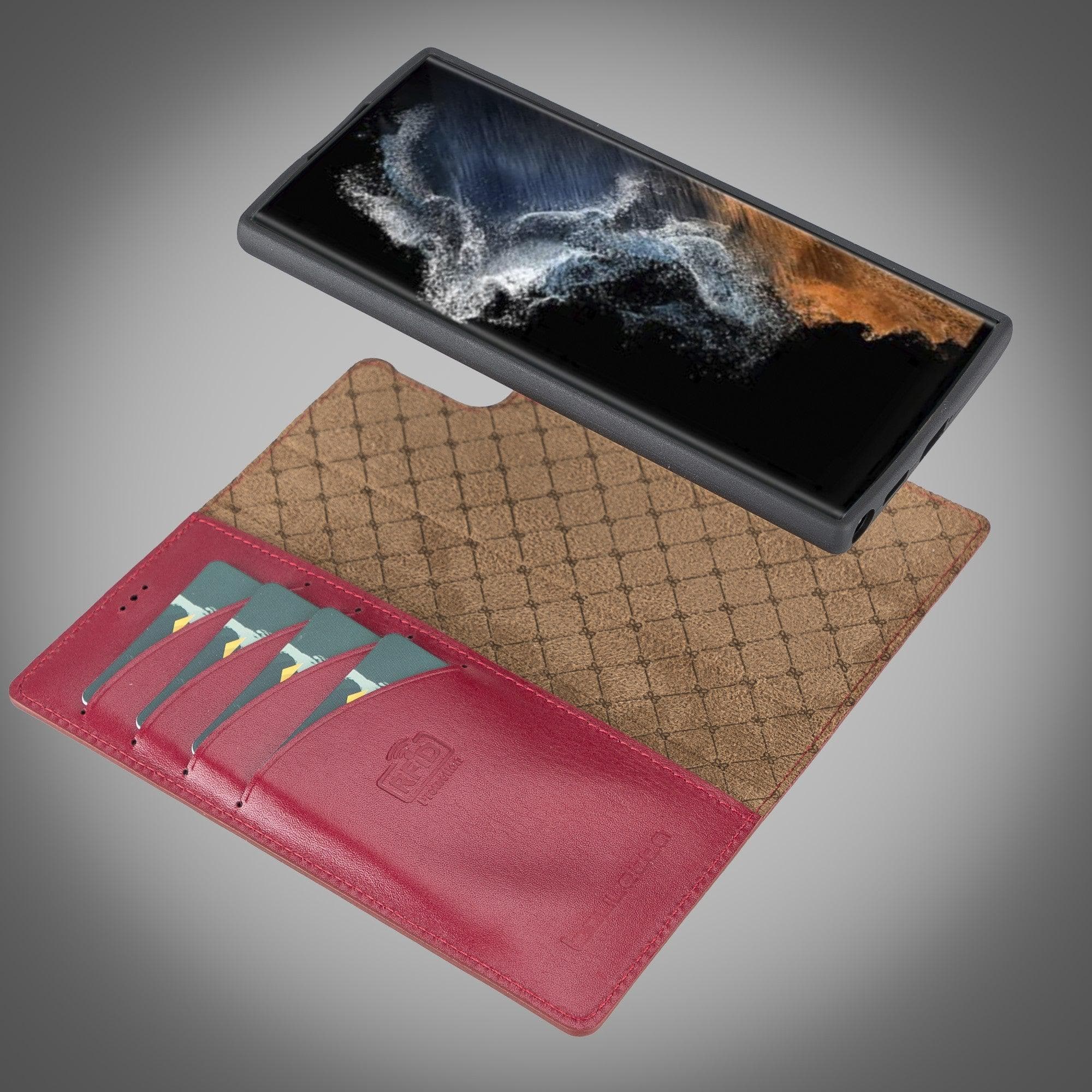 Samsung Galaxy S22 Series Leather Detachable Wallet Case in black, showcasing its premium leather finish and detachable design.