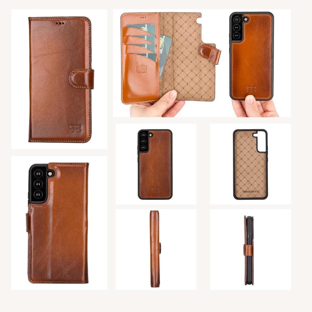 Samsung Galaxy S22 Series Leather Detachable Wallet Case in black, showcasing its premium leather finish and detachable design.