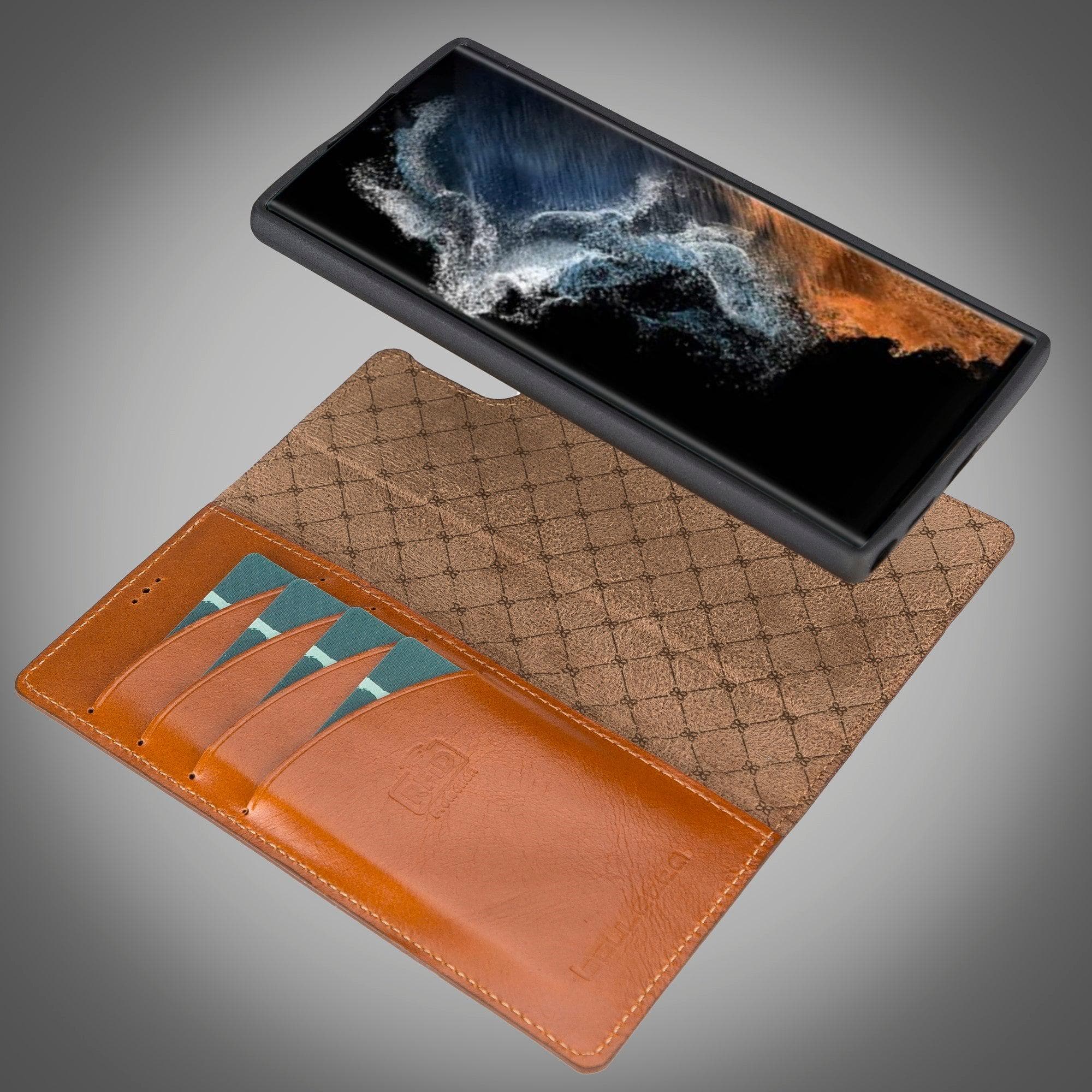 Samsung Galaxy S22 Series Leather Detachable Wallet Case in black, showcasing its premium leather finish and detachable design.