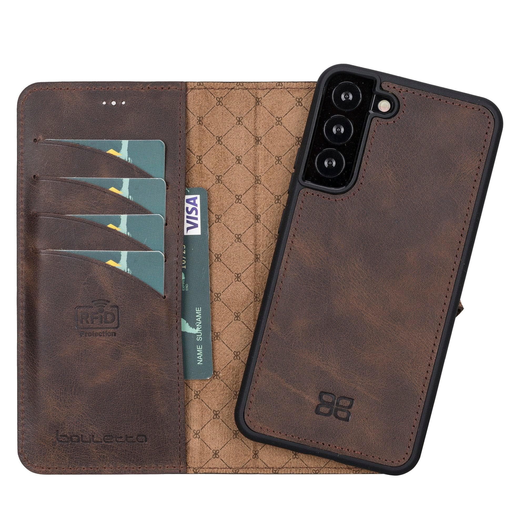 Samsung Galaxy S22 Series Leather Detachable Wallet Case in black, showcasing its premium leather finish and detachable design.