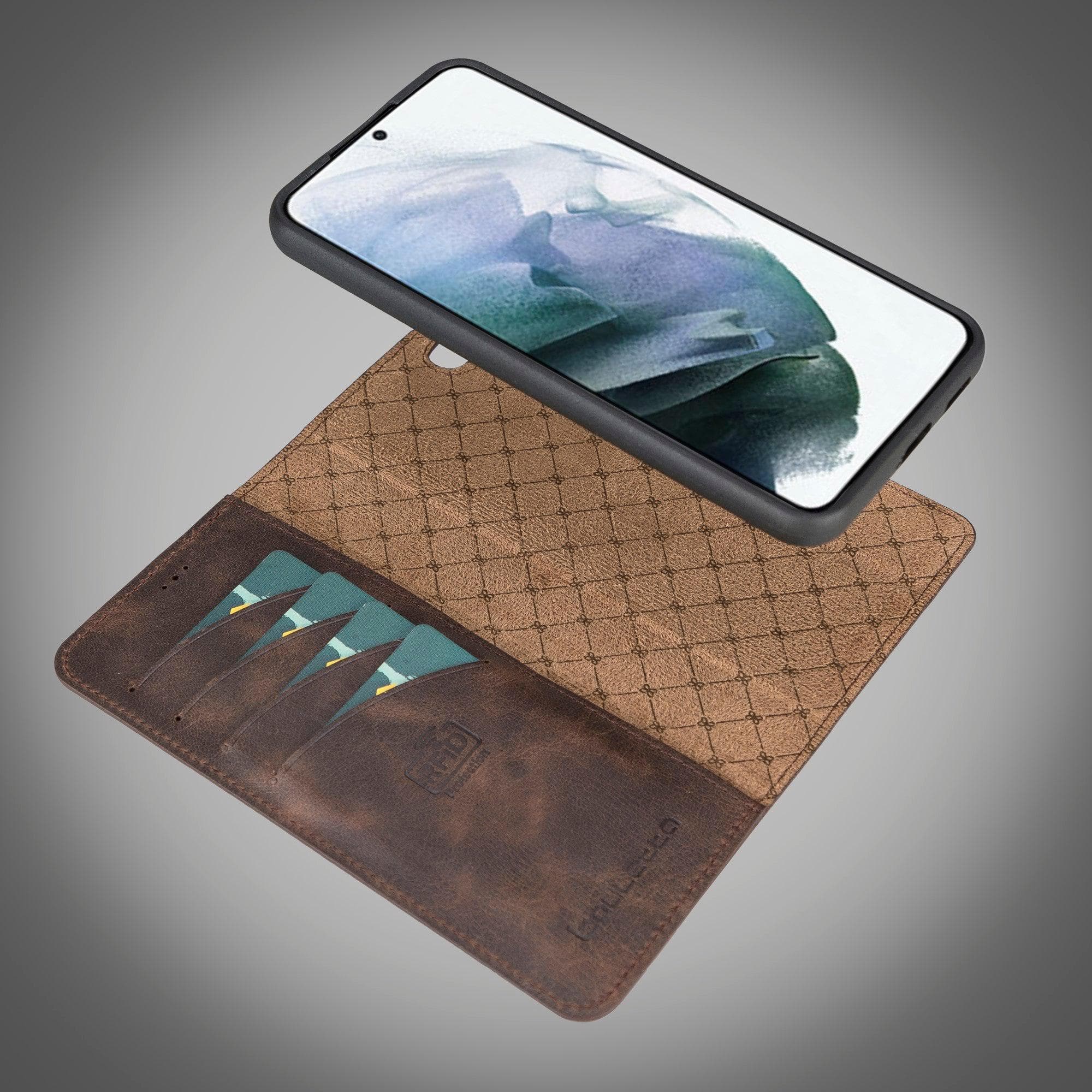 Samsung Galaxy S22 Series Leather Detachable Wallet Case in black, showcasing its premium leather finish and detachable design.