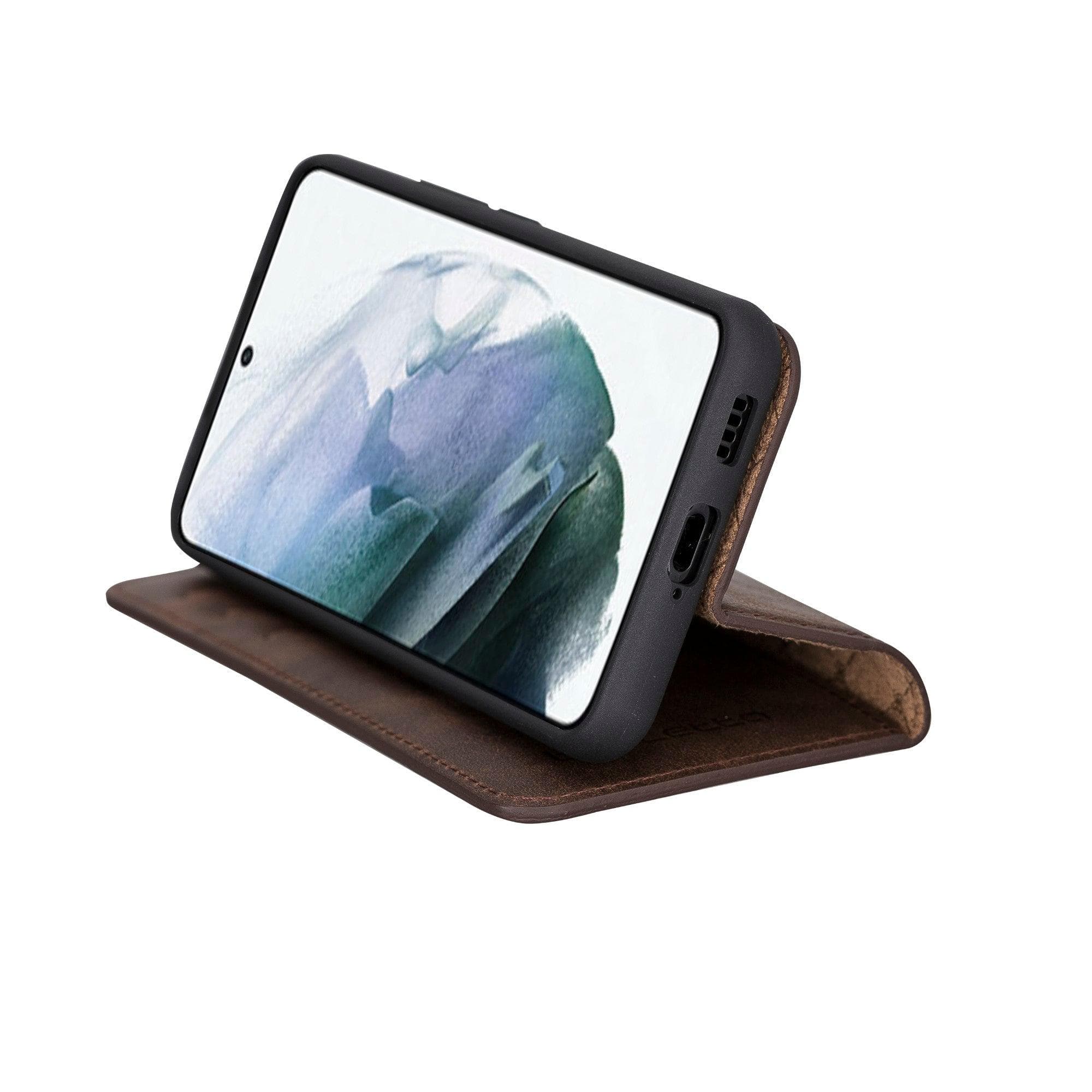 Samsung Galaxy S22 Series Leather Detachable Wallet Case in black, showcasing its premium leather finish and detachable design.