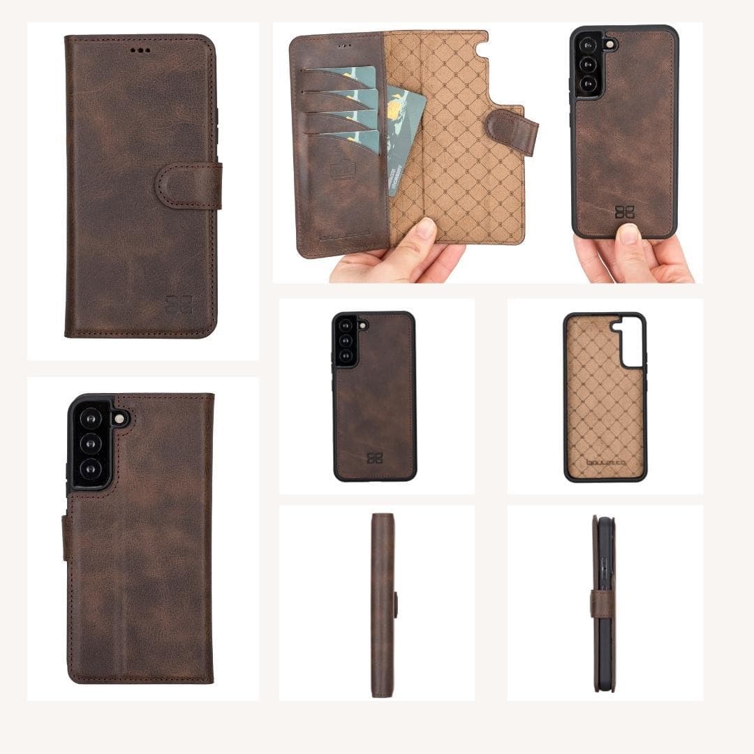 Samsung Galaxy S22 Series Leather Detachable Wallet Case in black, showcasing its premium leather finish and detachable design.