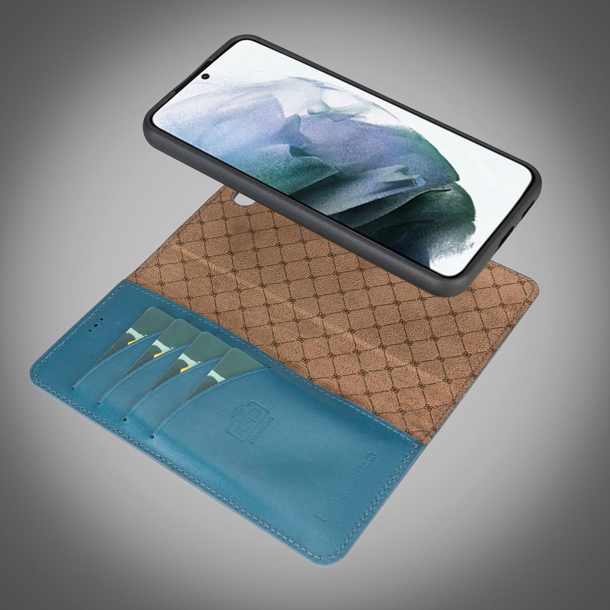 Samsung Galaxy S22 Series Leather Detachable Wallet Case in black, showcasing its premium leather finish and detachable design.