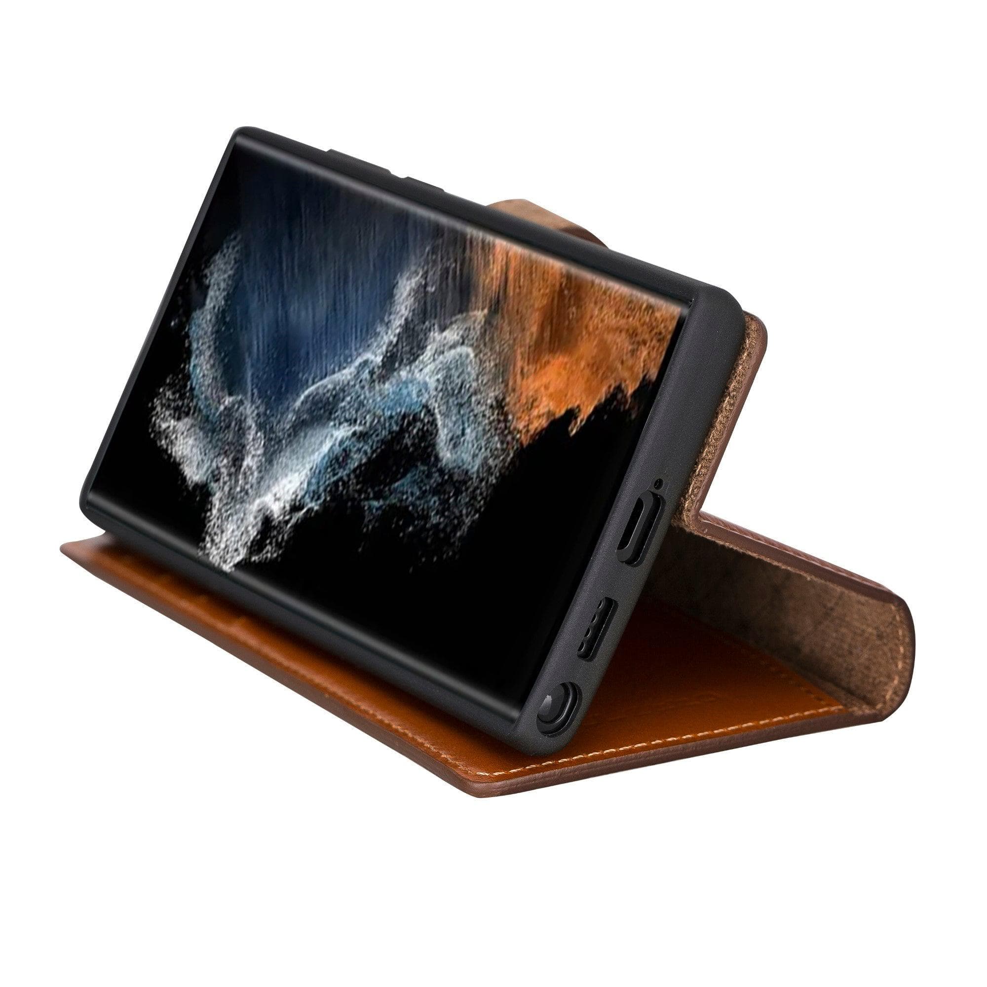 Samsung Galaxy S22 Series Leather Detachable Wallet Case in black, showcasing its premium leather finish and detachable design.