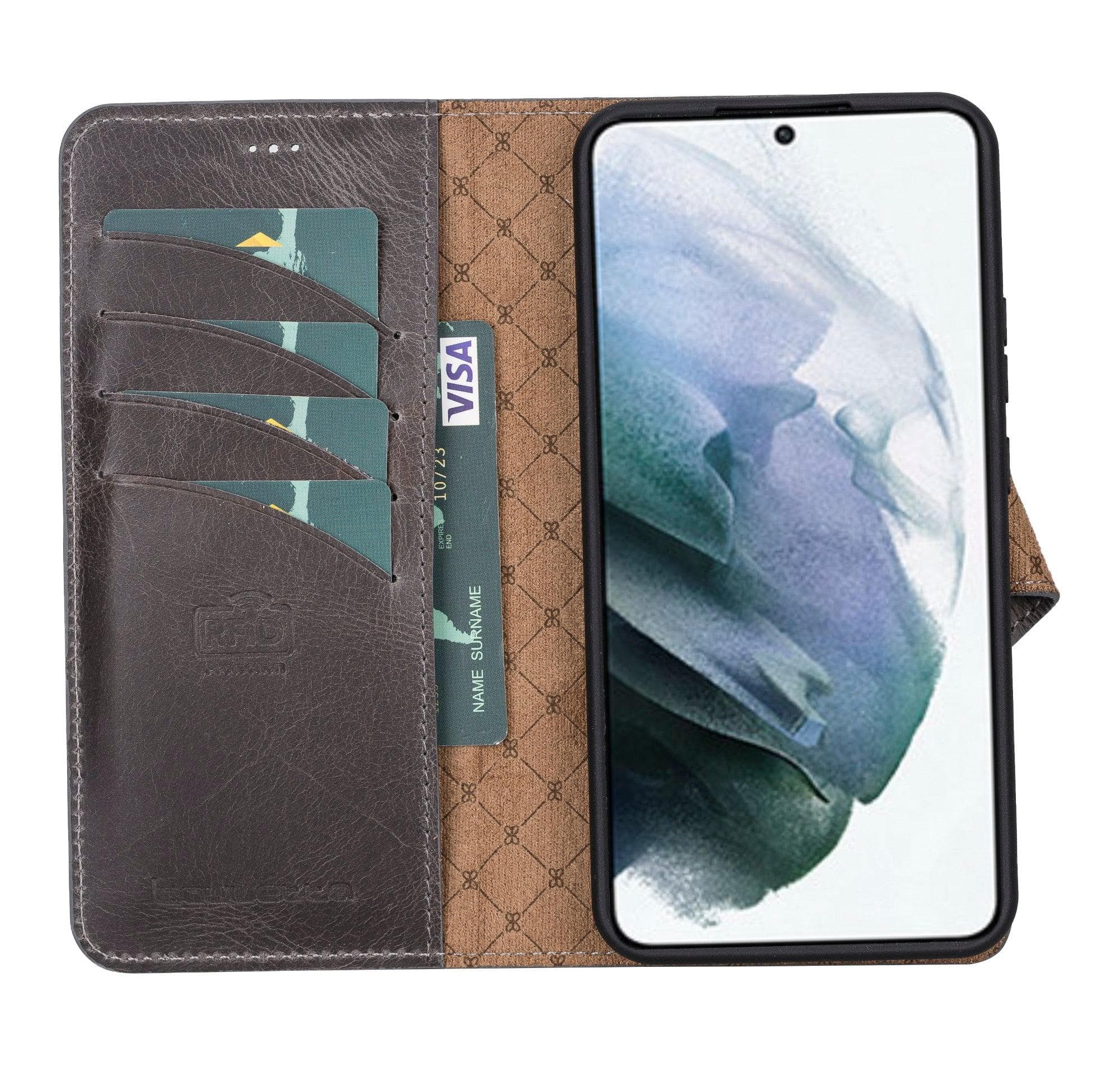 Samsung Galaxy S22 Series Leather Detachable Wallet Case in black, showcasing its premium leather finish and detachable design.