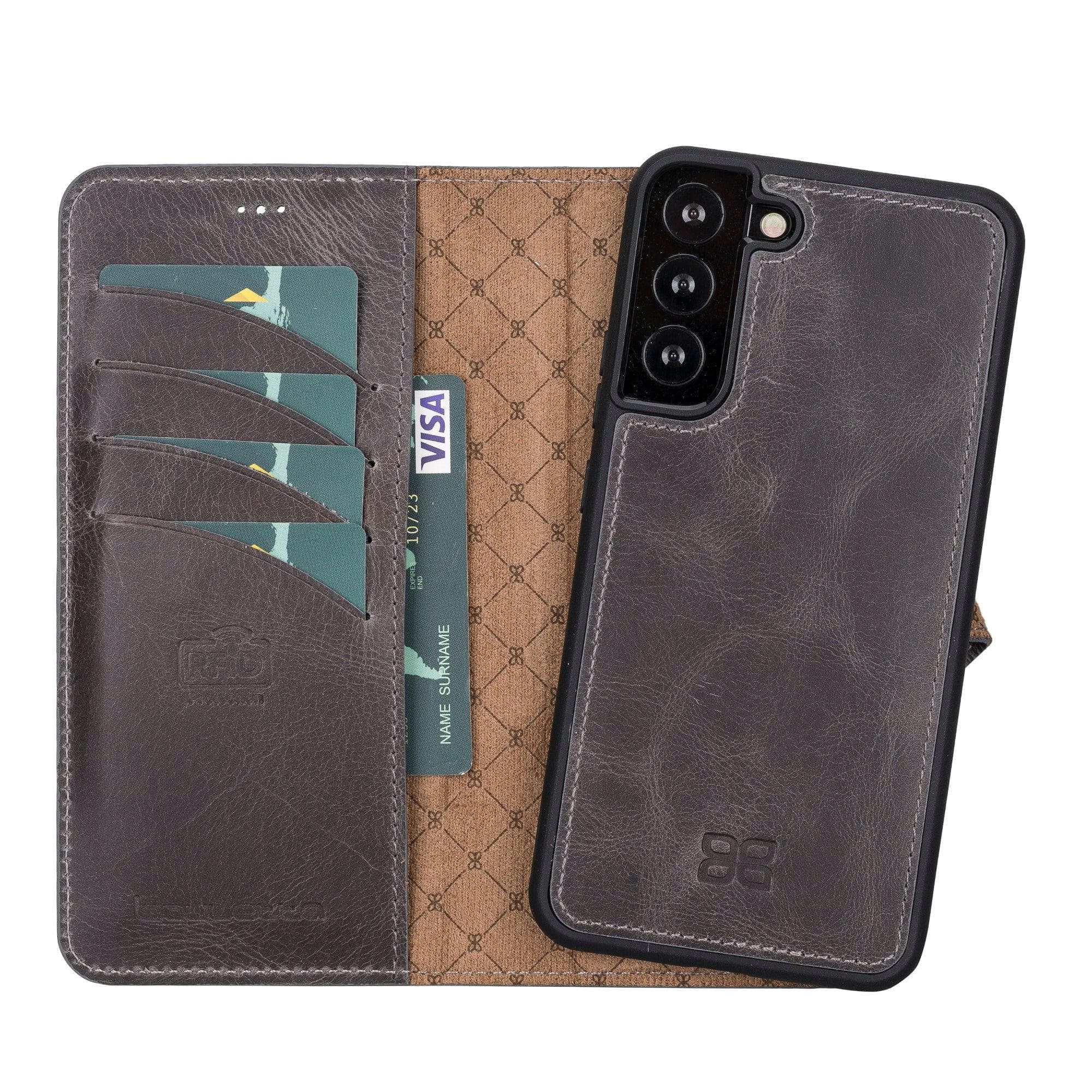 Samsung Galaxy S22 Series Leather Detachable Wallet Case in black, showcasing its premium leather finish and detachable design.