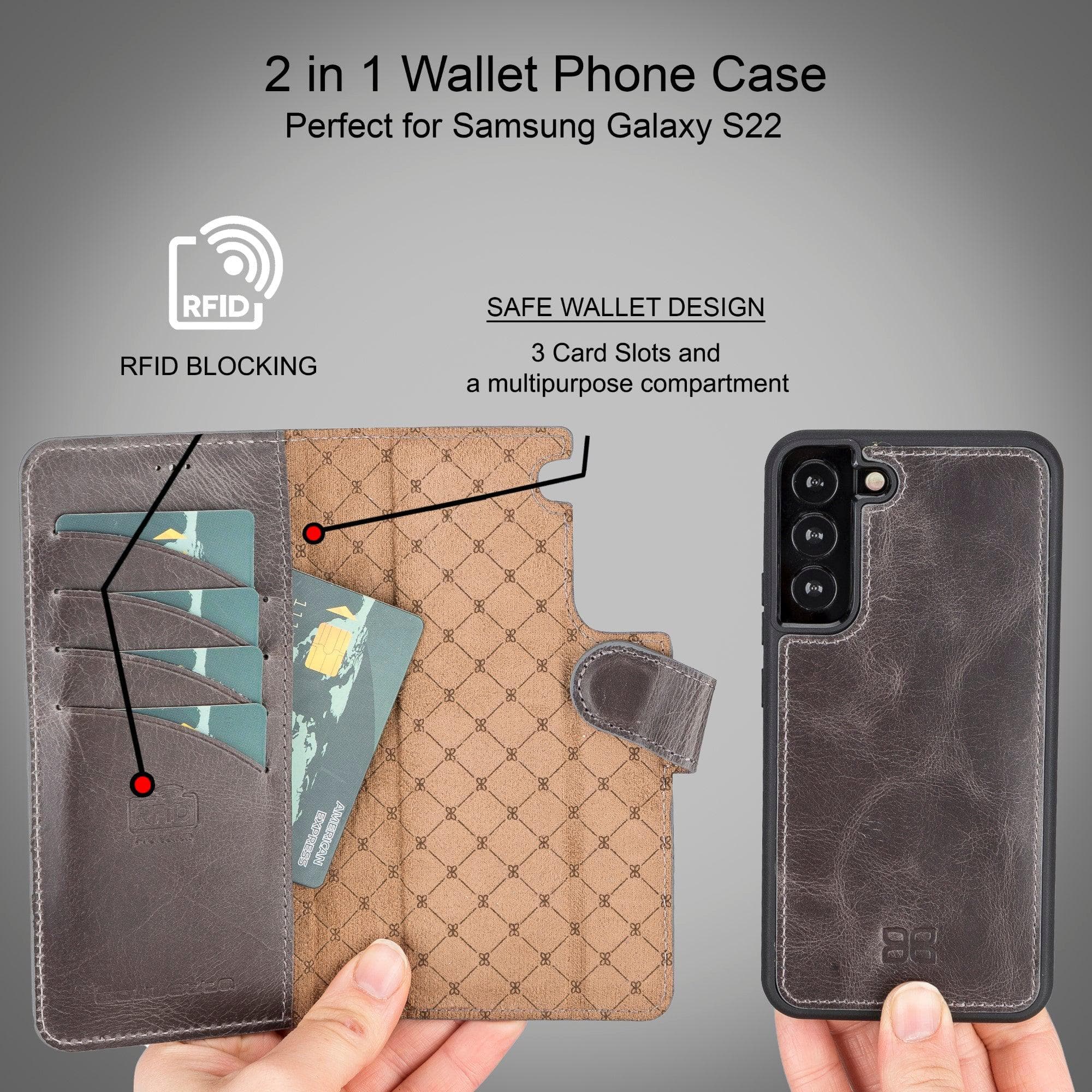 Samsung Galaxy S22 Series Leather Detachable Wallet Case in black, showcasing its premium leather finish and detachable design.