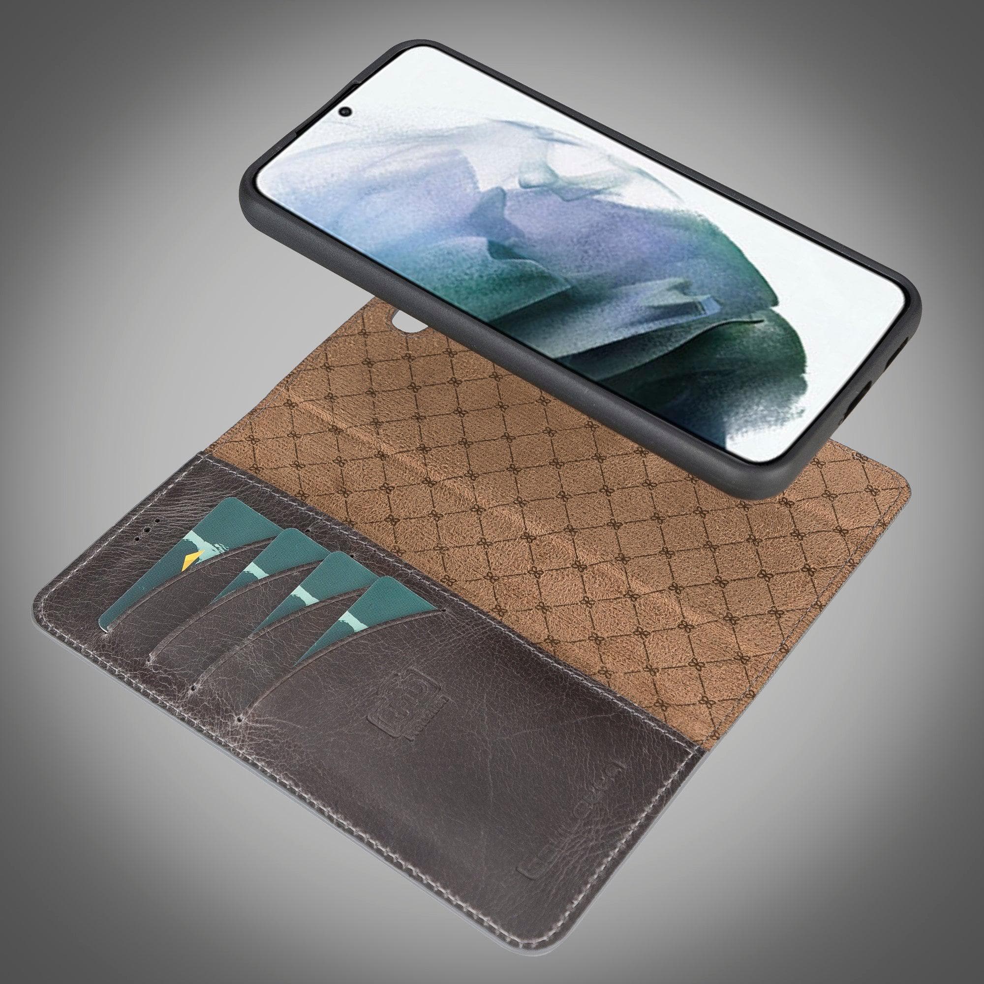 Samsung Galaxy S22 Series Leather Detachable Wallet Case in black, showcasing its premium leather finish and detachable design.