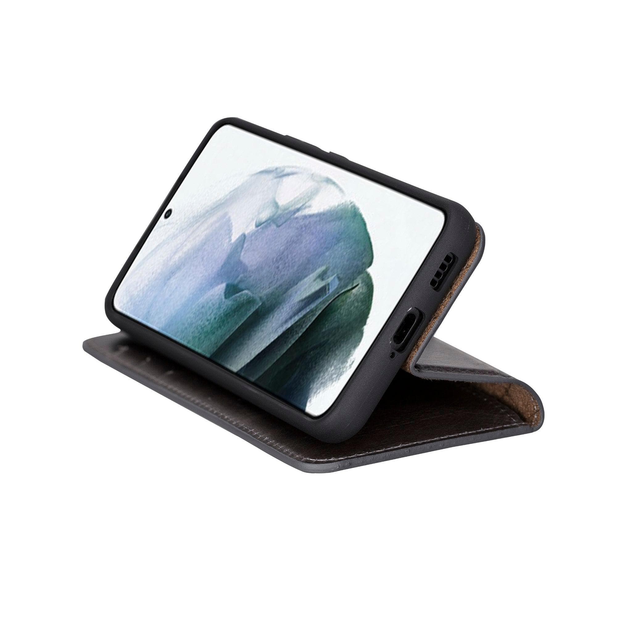 Samsung Galaxy S22 Series Leather Detachable Wallet Case in black, showcasing its premium leather finish and detachable design.