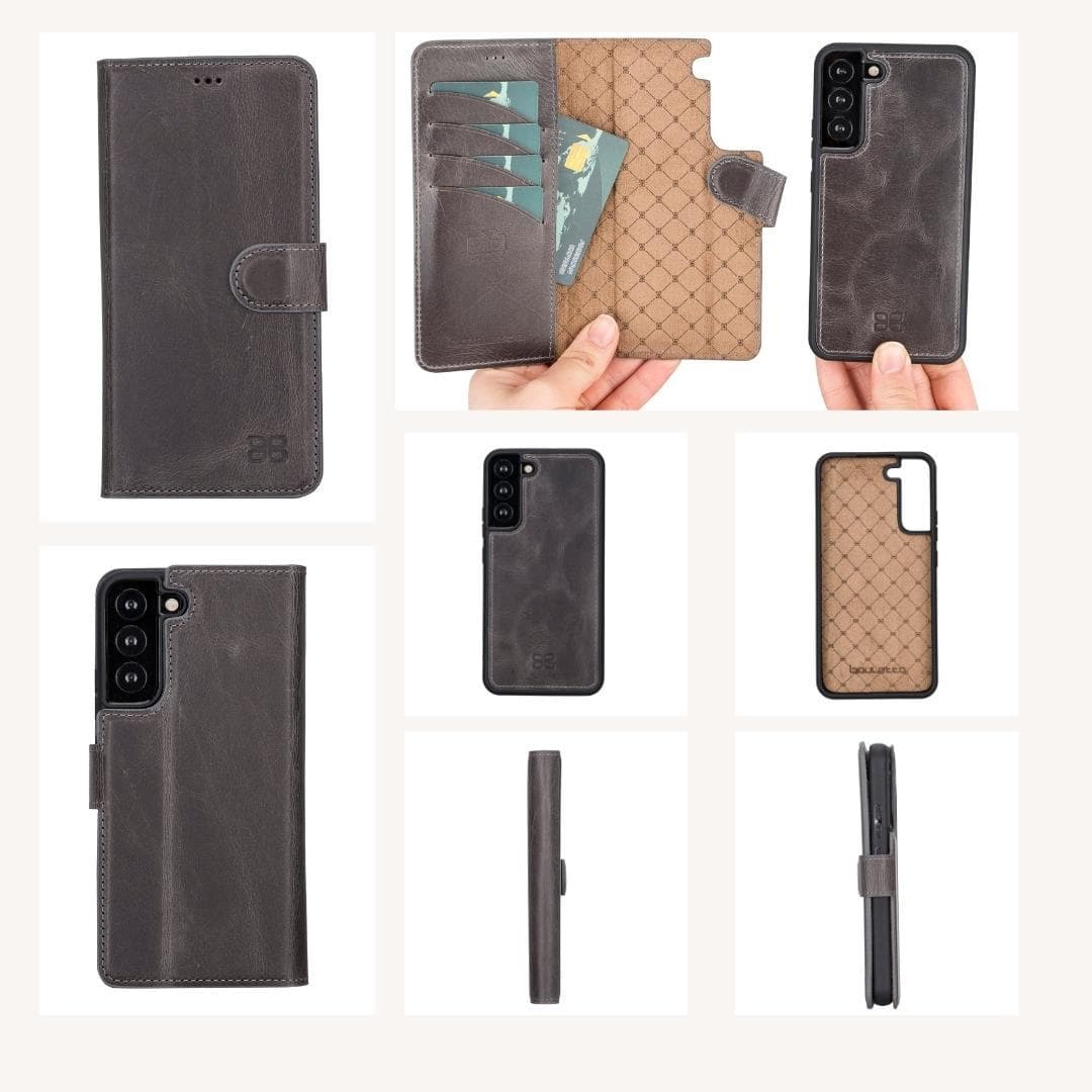 Samsung Galaxy S22 Series Leather Detachable Wallet Case in black, showcasing its premium leather finish and detachable design.