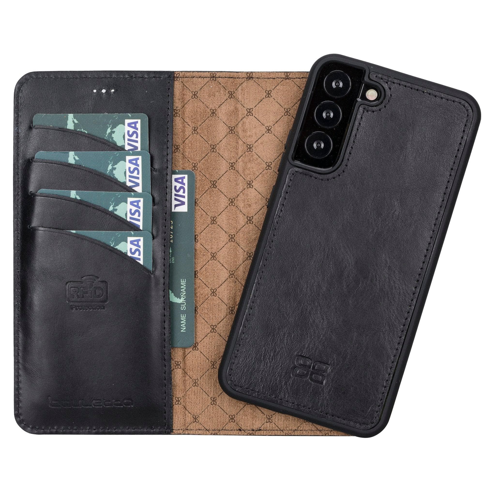 Samsung Galaxy S22 Series Leather Detachable Wallet Case in black, showcasing its premium leather finish and detachable design.