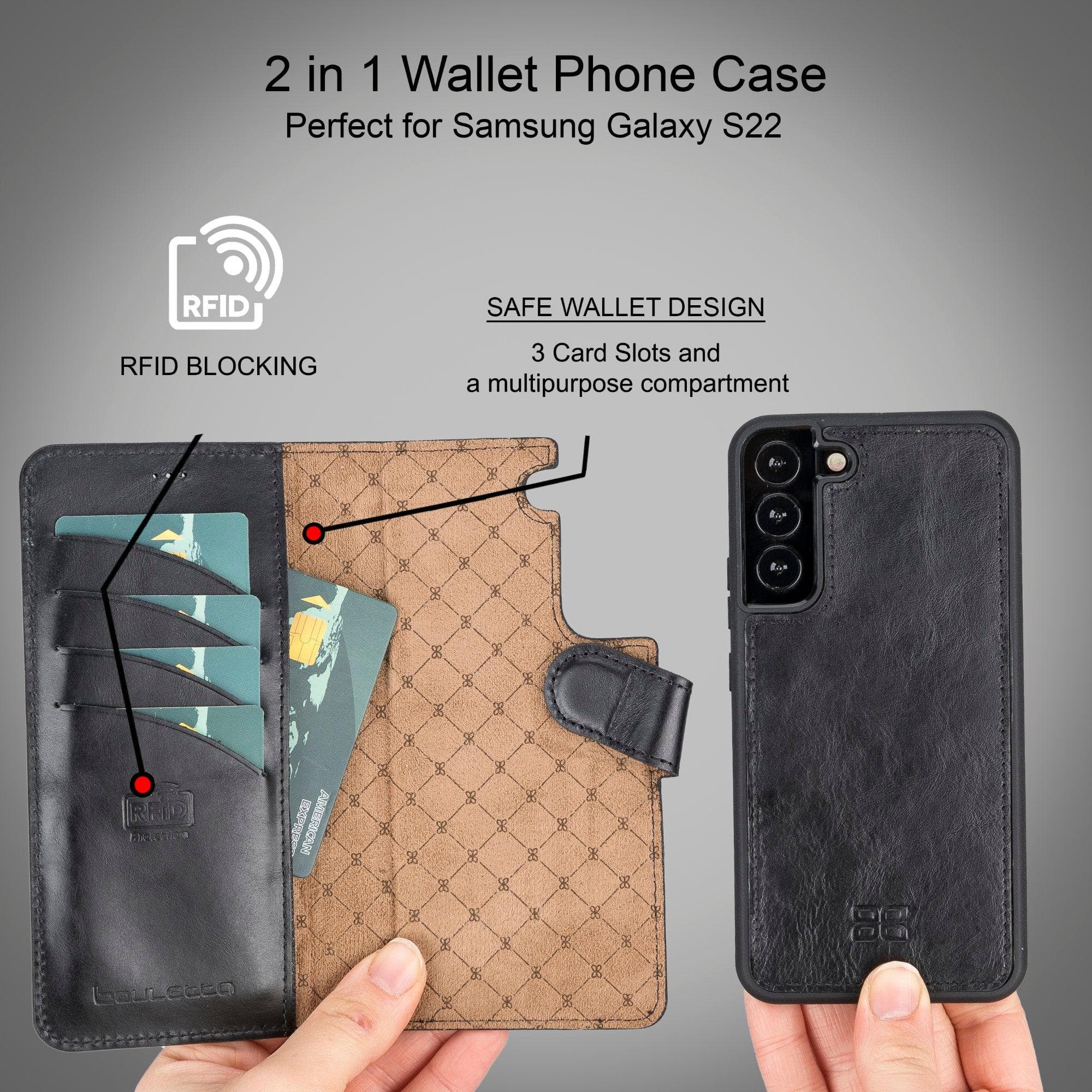 Samsung Galaxy S22 Series Leather Detachable Wallet Case in black, showcasing its premium leather finish and detachable design.