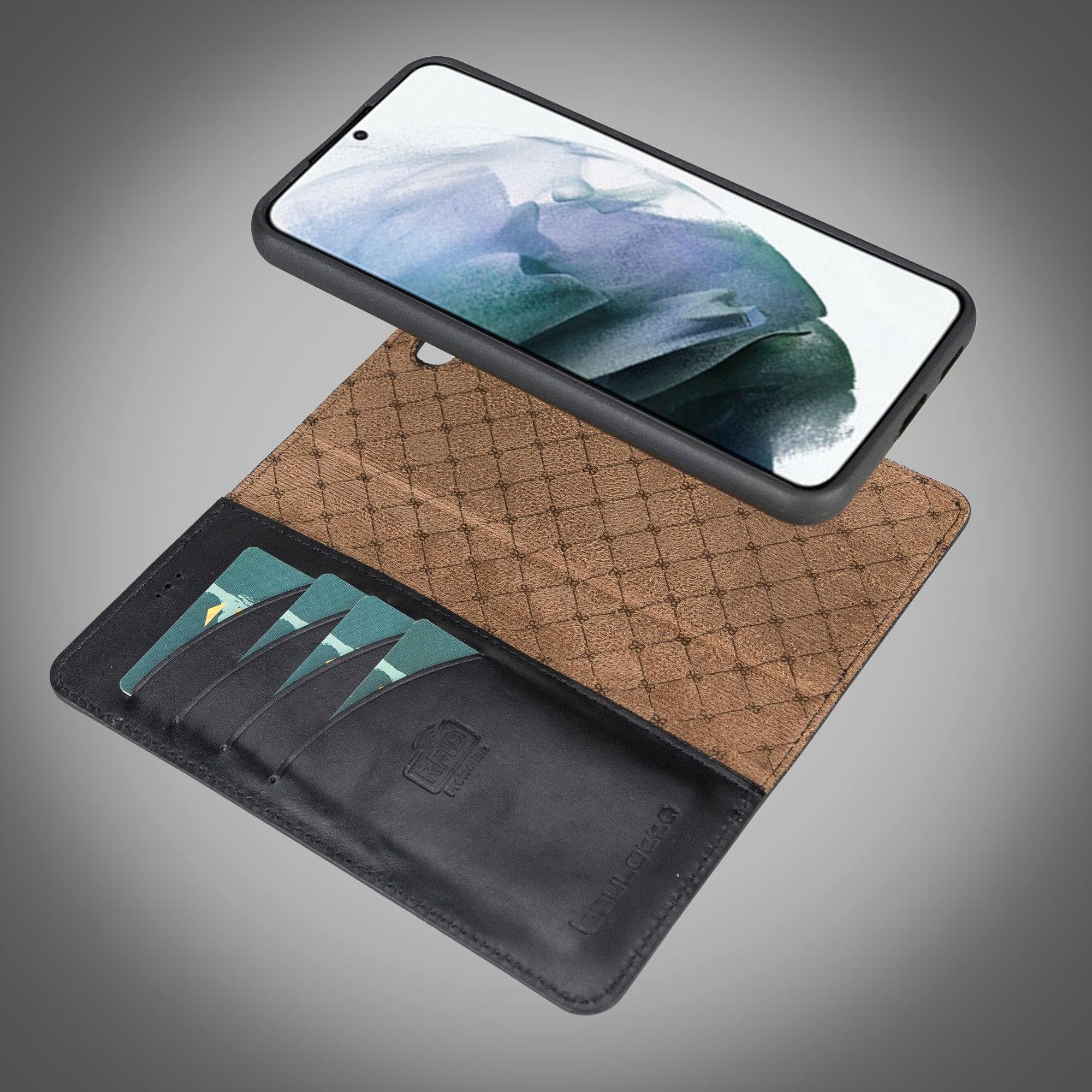 Samsung Galaxy S22 Series Leather Detachable Wallet Case in black, showcasing its premium leather finish and detachable design.