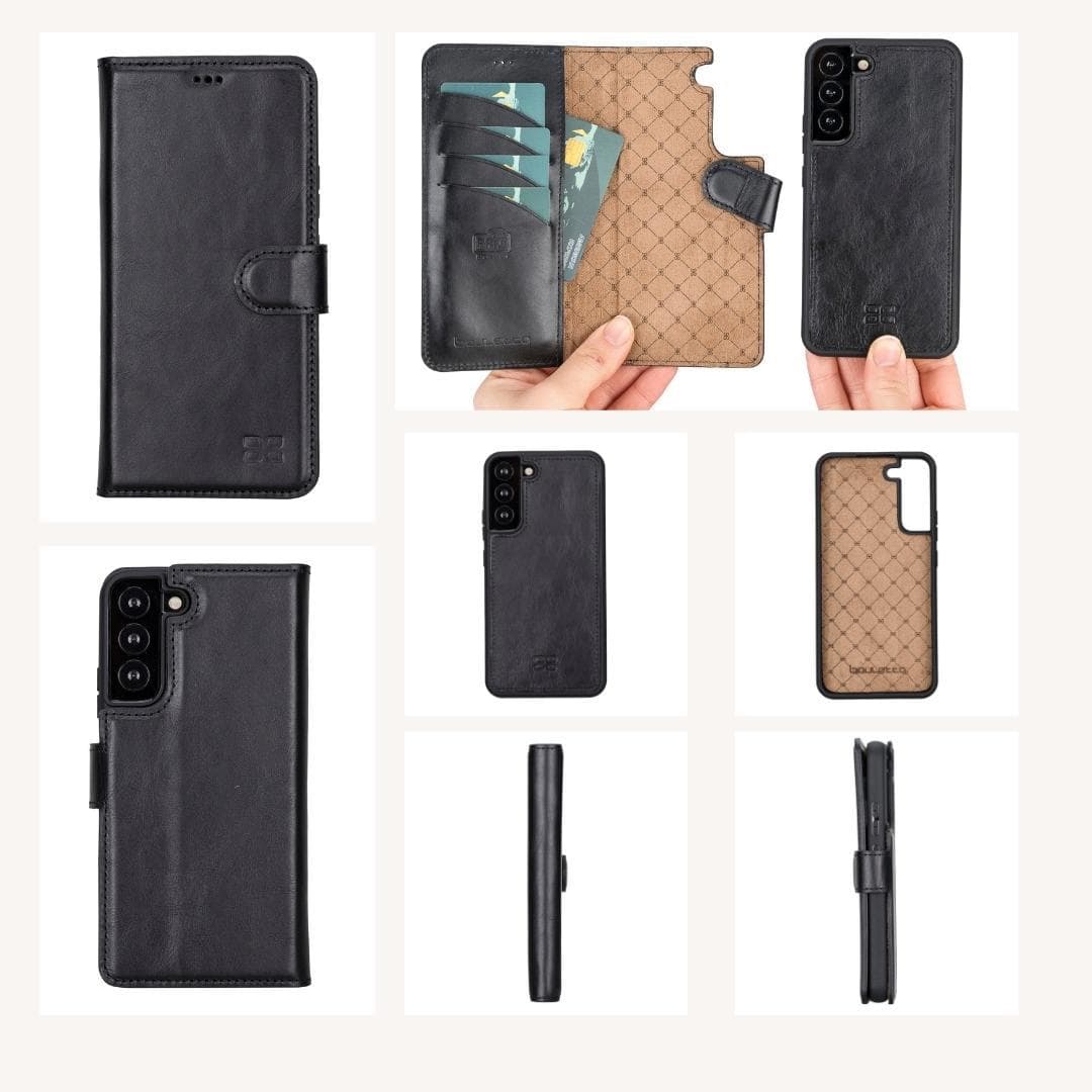 Samsung Galaxy S22 Series Leather Detachable Wallet Case in black, showcasing its premium leather finish and detachable design.
