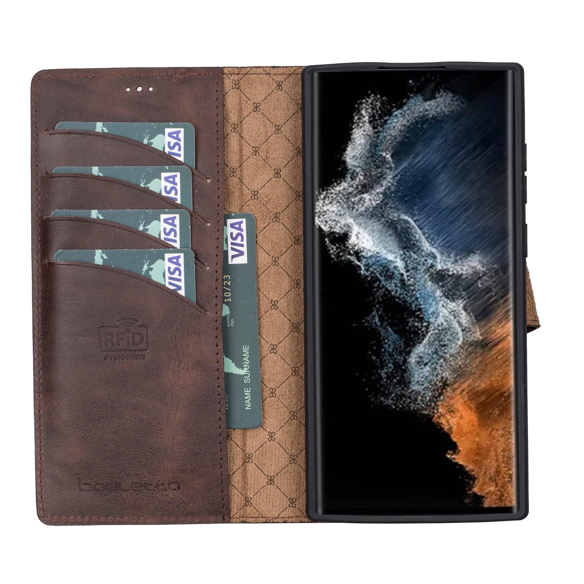 Samsung Galaxy S22 Series Leather Detachable Wallet Case in black, showcasing its premium leather finish and detachable design.