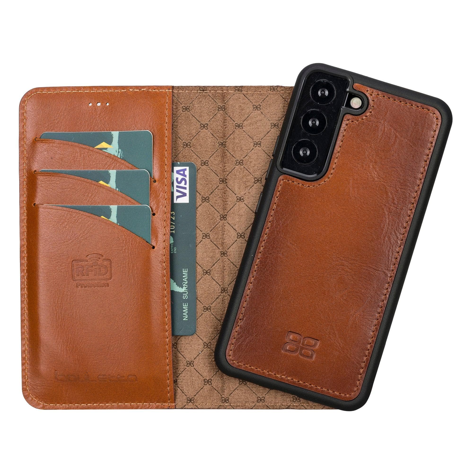 Samsung Galaxy S22 Series Leather Detachable Wallet Case in black, showcasing its premium leather finish and detachable design.