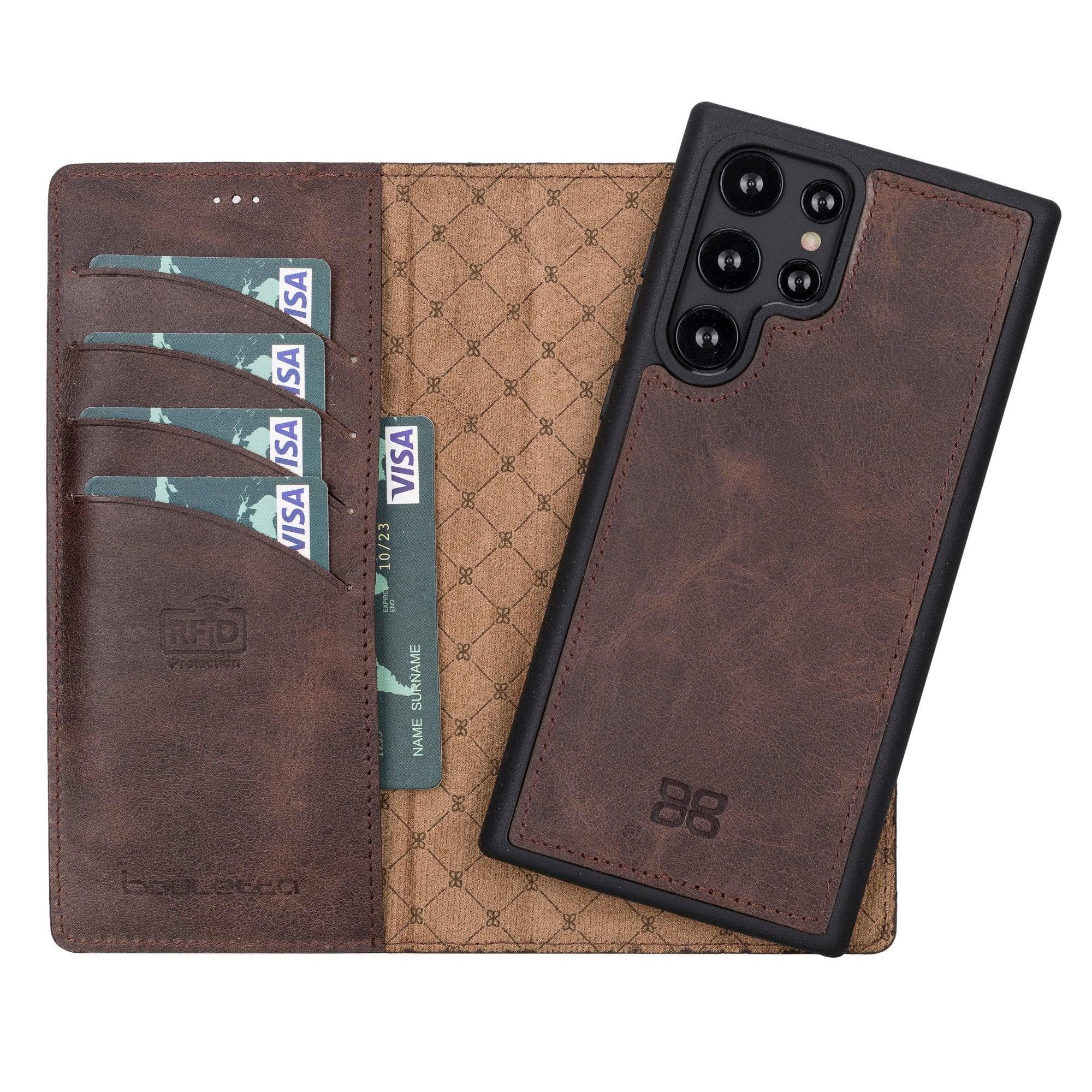 Samsung Galaxy S22 Series Leather Detachable Wallet Case in black, showcasing its premium leather finish and detachable design.