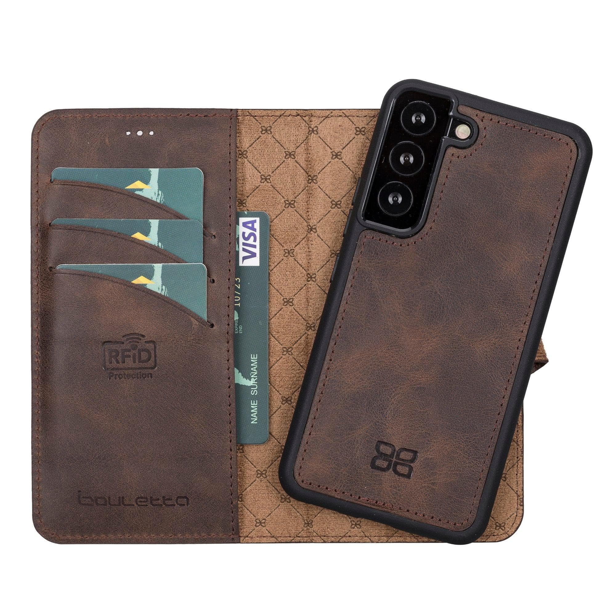 Samsung Galaxy S22 Series Leather Detachable Wallet Case in black, showcasing its premium leather finish and detachable design.