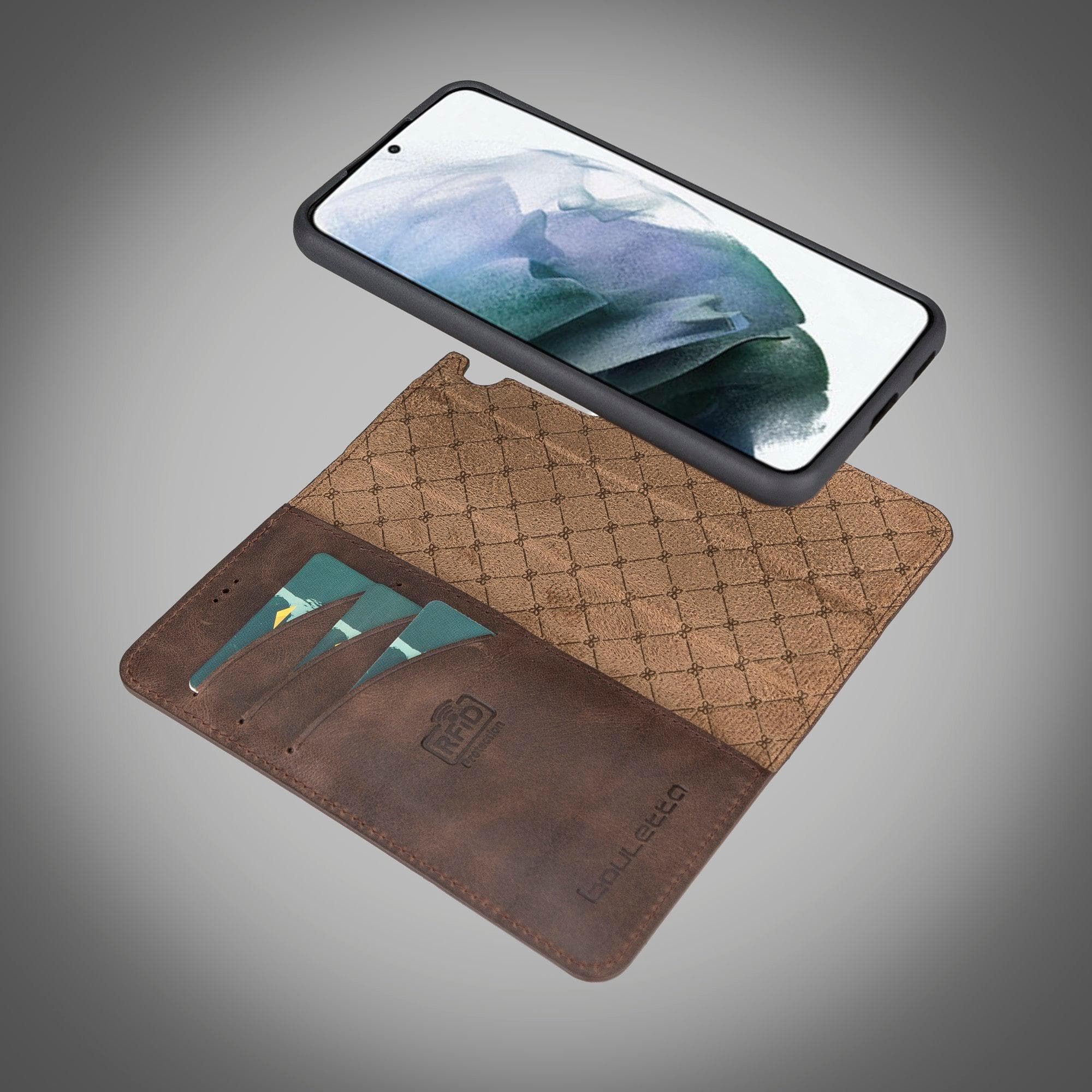 Samsung Galaxy S22 Series Leather Detachable Wallet Case in black, showcasing its premium leather finish and detachable design.