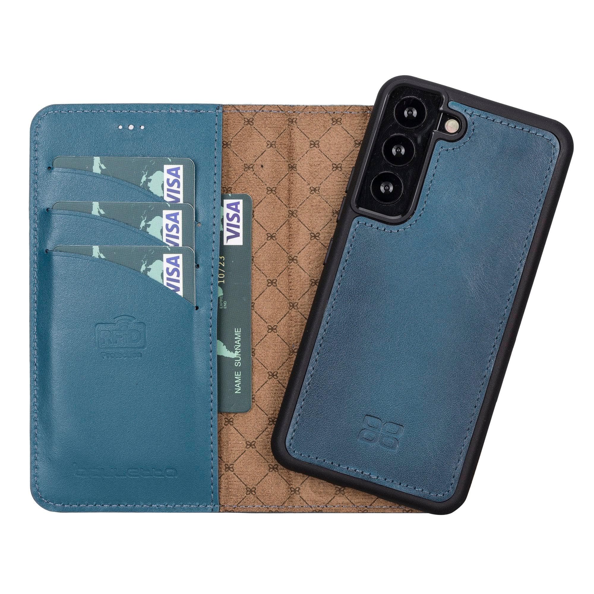Samsung Galaxy S22 Series Leather Detachable Wallet Case in black, showcasing its premium leather finish and detachable design.