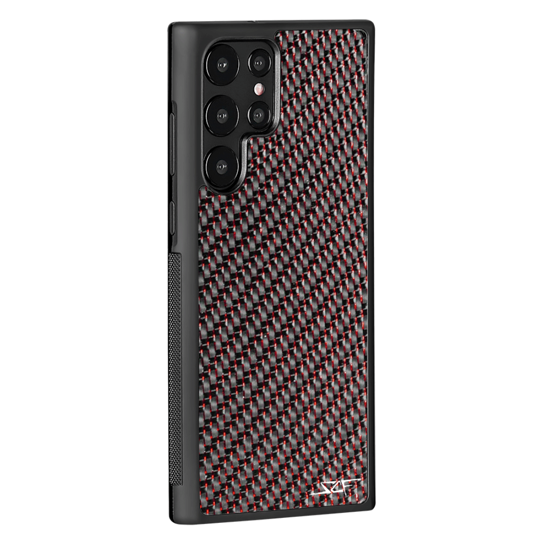Samsung Red Laced Real Carbon Fiber Phone Case showcasing unique carbon fiber pattern and red aluminum strings.