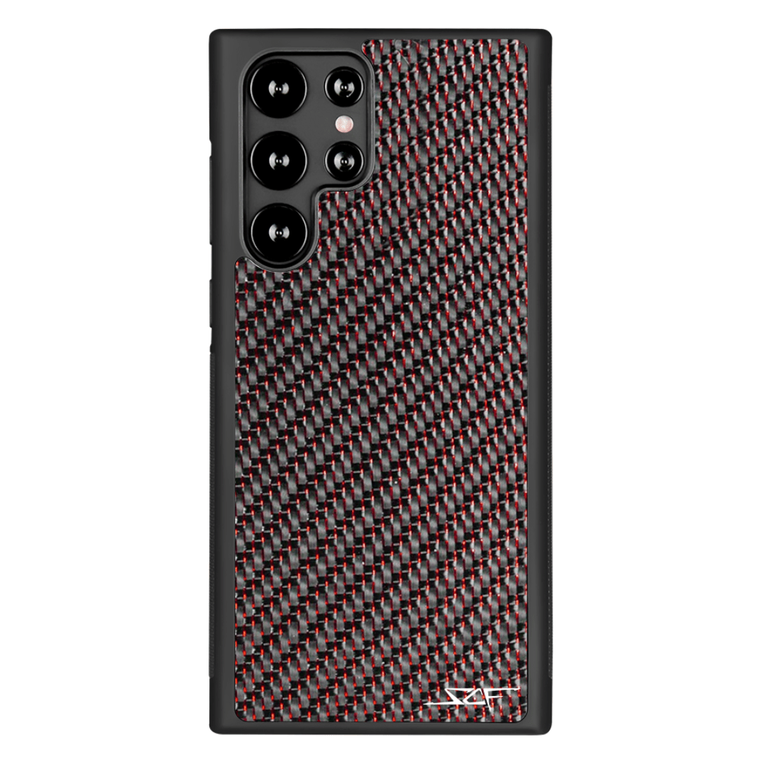 Samsung Red Laced Real Carbon Fiber Phone Case showcasing unique carbon fiber pattern and red aluminum strings.
