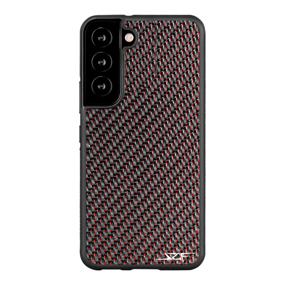 Samsung Red Laced Real Carbon Fiber Phone Case showcasing unique carbon fiber pattern and red aluminum strings.