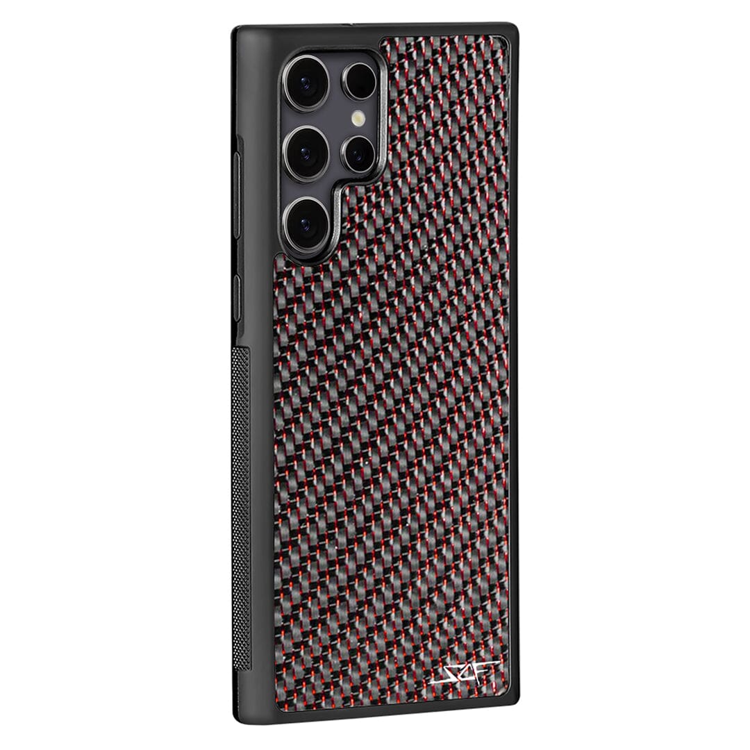Samsung Red Laced Real Carbon Fiber Phone Case showcasing unique carbon fiber pattern and red aluminum strings.