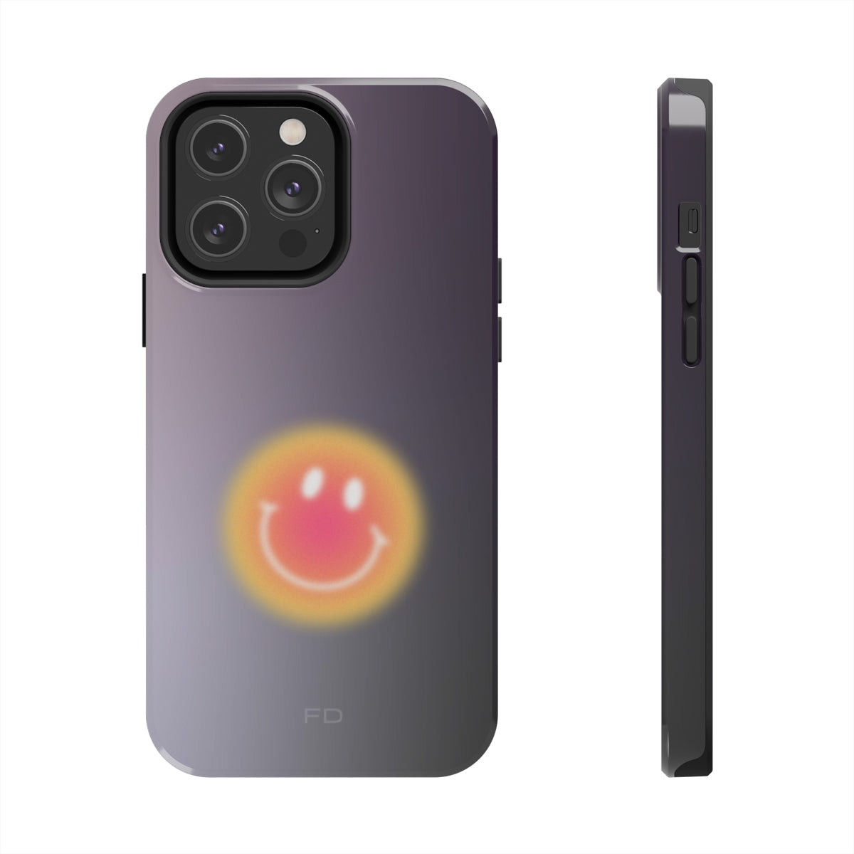 Smiley Face Tough Case for iPhone, showcasing a cheerful design with impact-resistant features and wireless charging support.