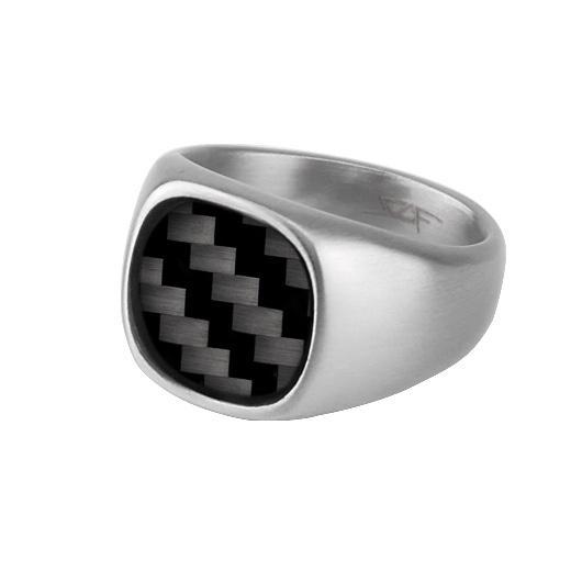 THE DON Real Carbon Fiber Ring featuring a brushed stainless steel band and real carbon fiber inlay, elegantly displayed in a gift bag.