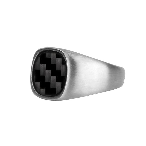 THE DON Real Carbon Fiber Ring featuring a brushed stainless steel band and real carbon fiber inlay, elegantly displayed in a gift bag.
