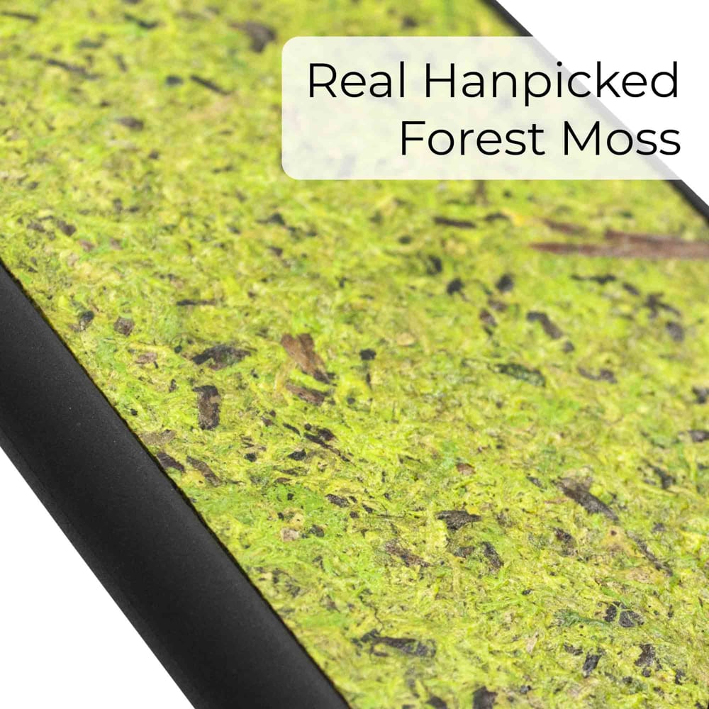 The Seven Chakra Symbols phone case featuring organic forest moss, showcasing its unique texture and calming aesthetic.