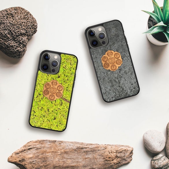 The Seven Chakra Symbols phone case featuring organic forest moss, showcasing its unique texture and calming aesthetic.