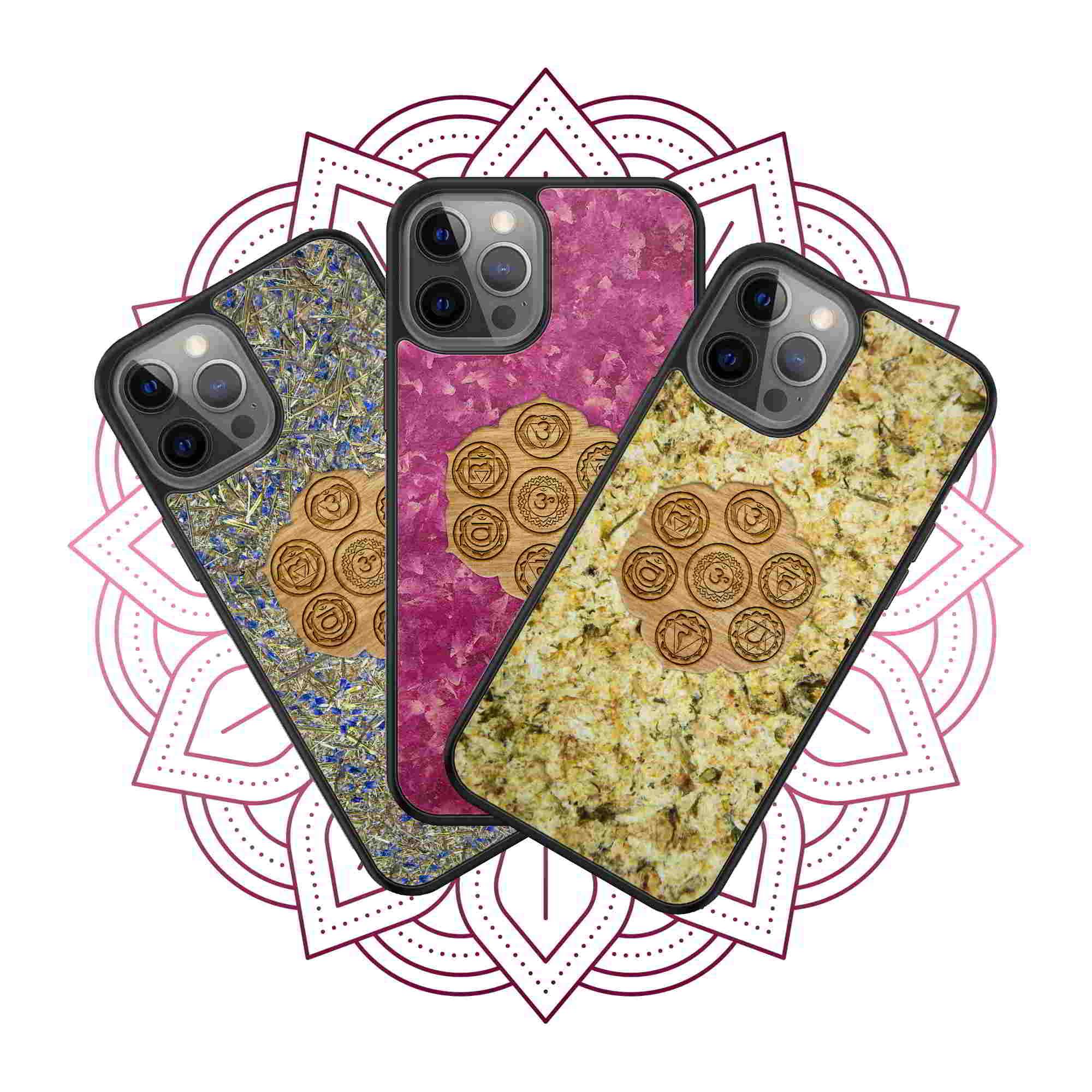 A beautifully designed phone case featuring the Seven Chakra Symbols, made from organic materials with a natural hay backing.