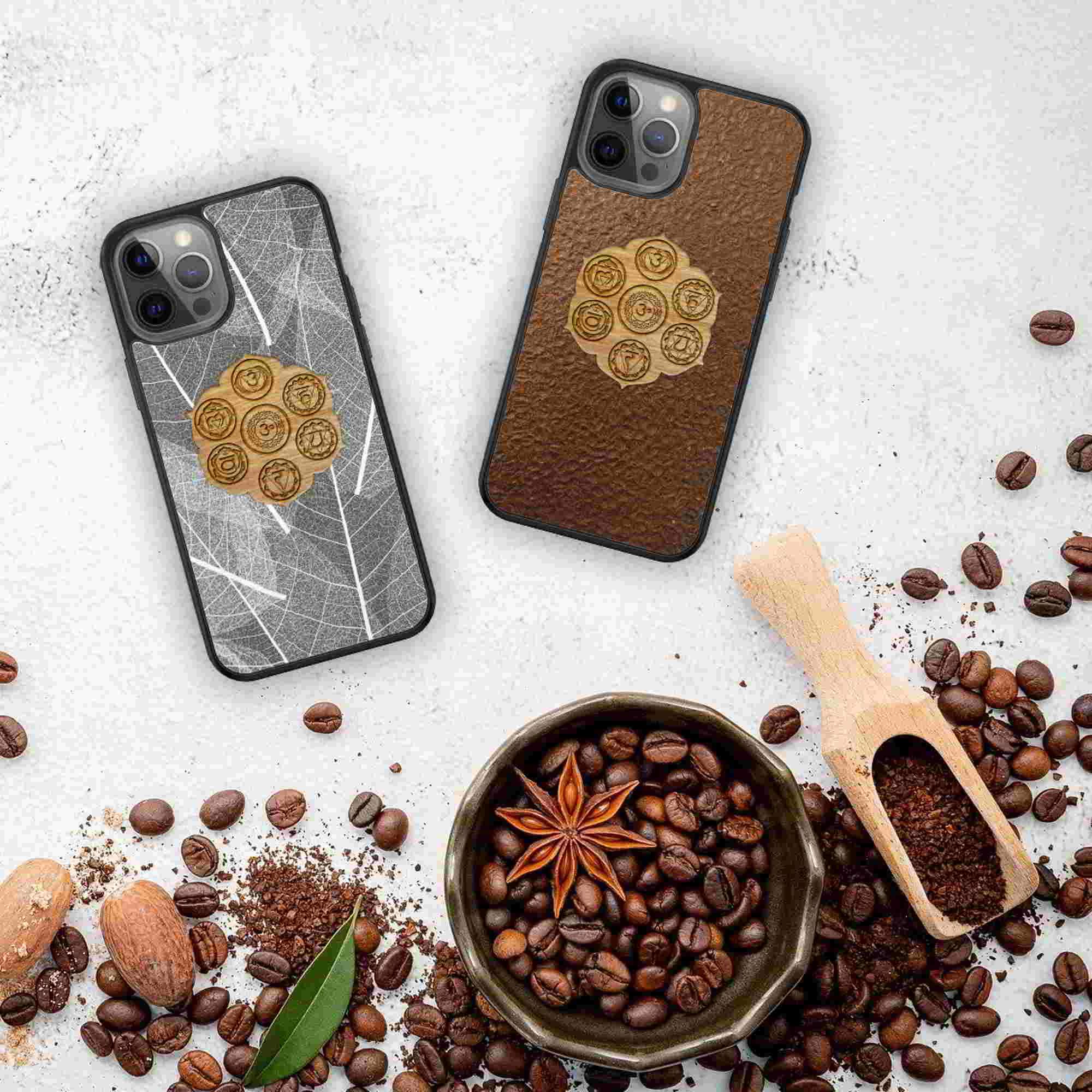 A beautifully designed phone case featuring the Seven Chakra Symbols, made from organic materials with a natural hay backing.