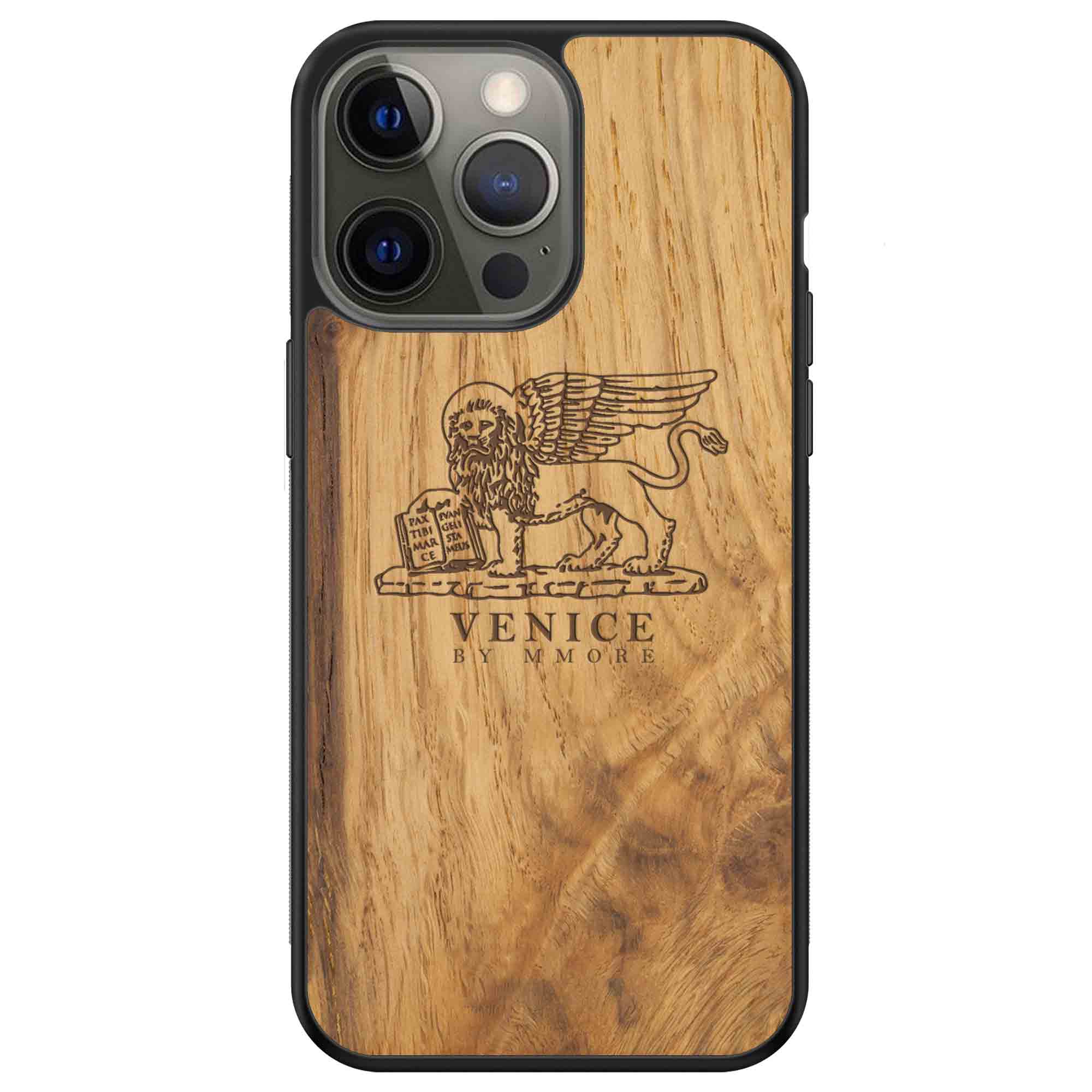 Handcrafted Venice phone case featuring the Lion of St. Marco, made from ancient oak wood, showcasing its unique grain and engraving.