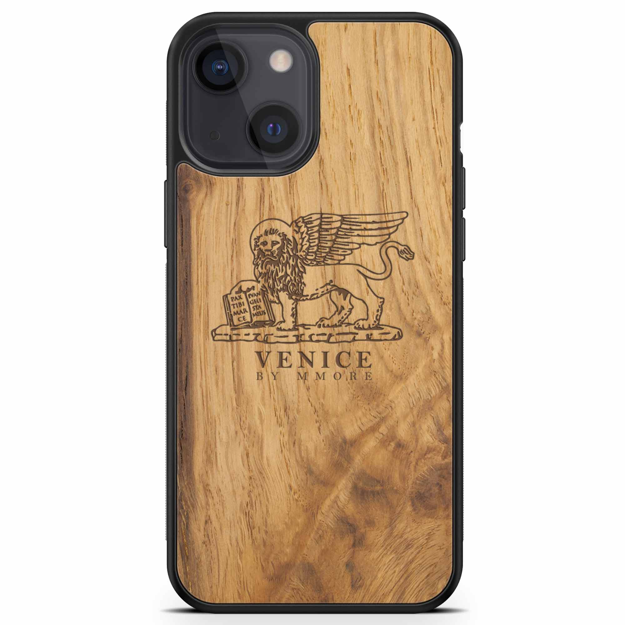 Handcrafted Venice phone case featuring the Lion of St. Marco, made from ancient oak wood, showcasing its unique grain and engraving.