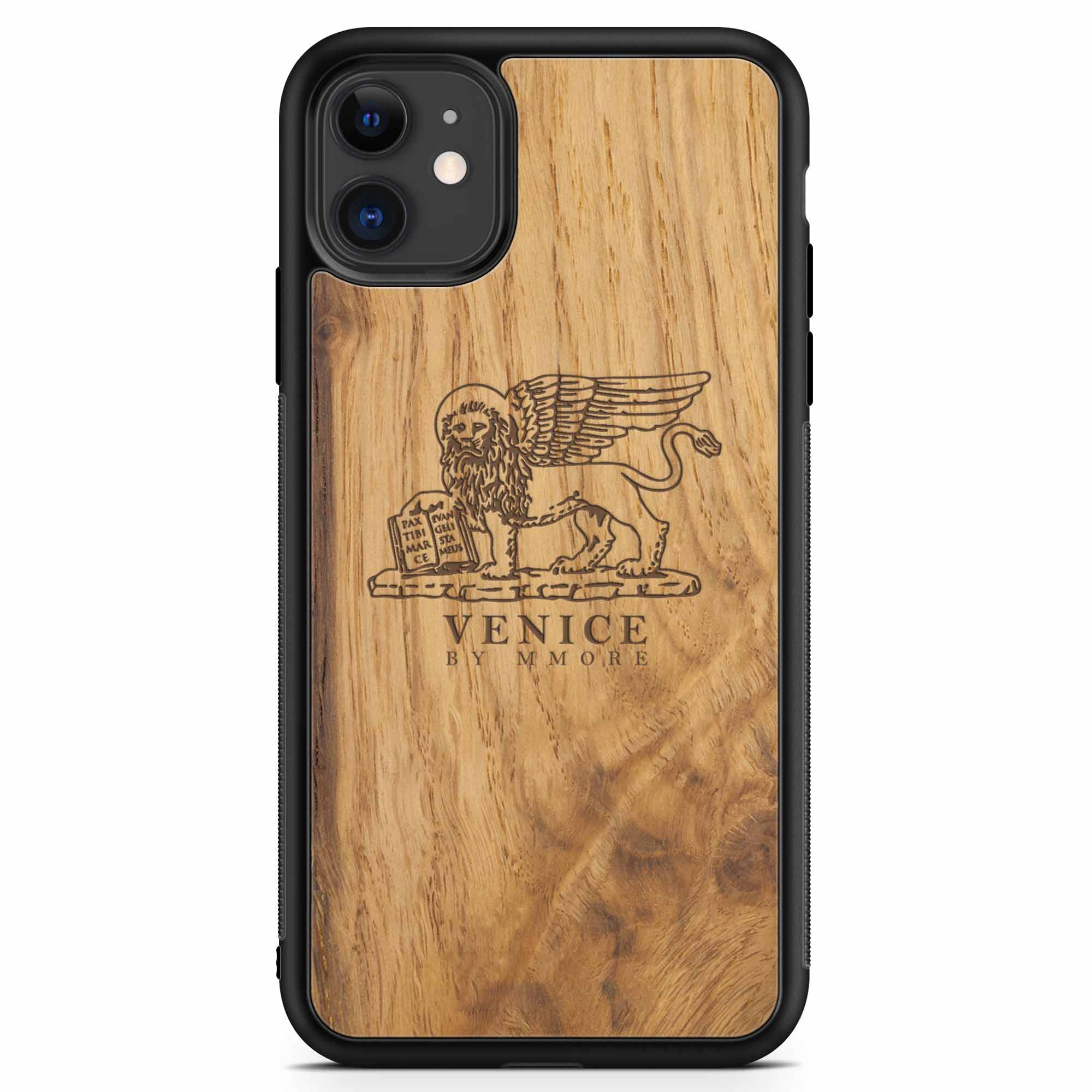 Handcrafted Venice phone case featuring the Lion of St. Marco, made from ancient oak wood, showcasing its unique grain and engraving.