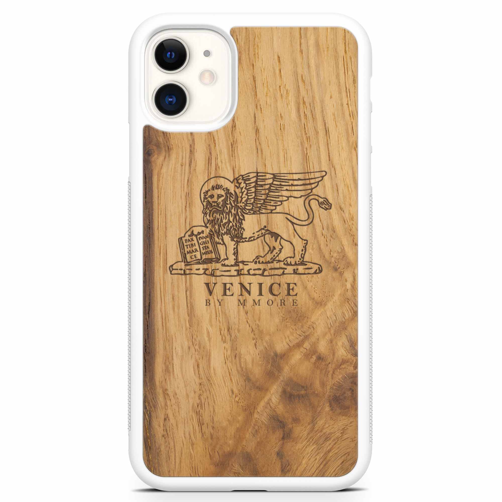 Handcrafted Venice phone case featuring the Lion of St. Marco, made from ancient oak wood, showcasing its unique grain and engraving.