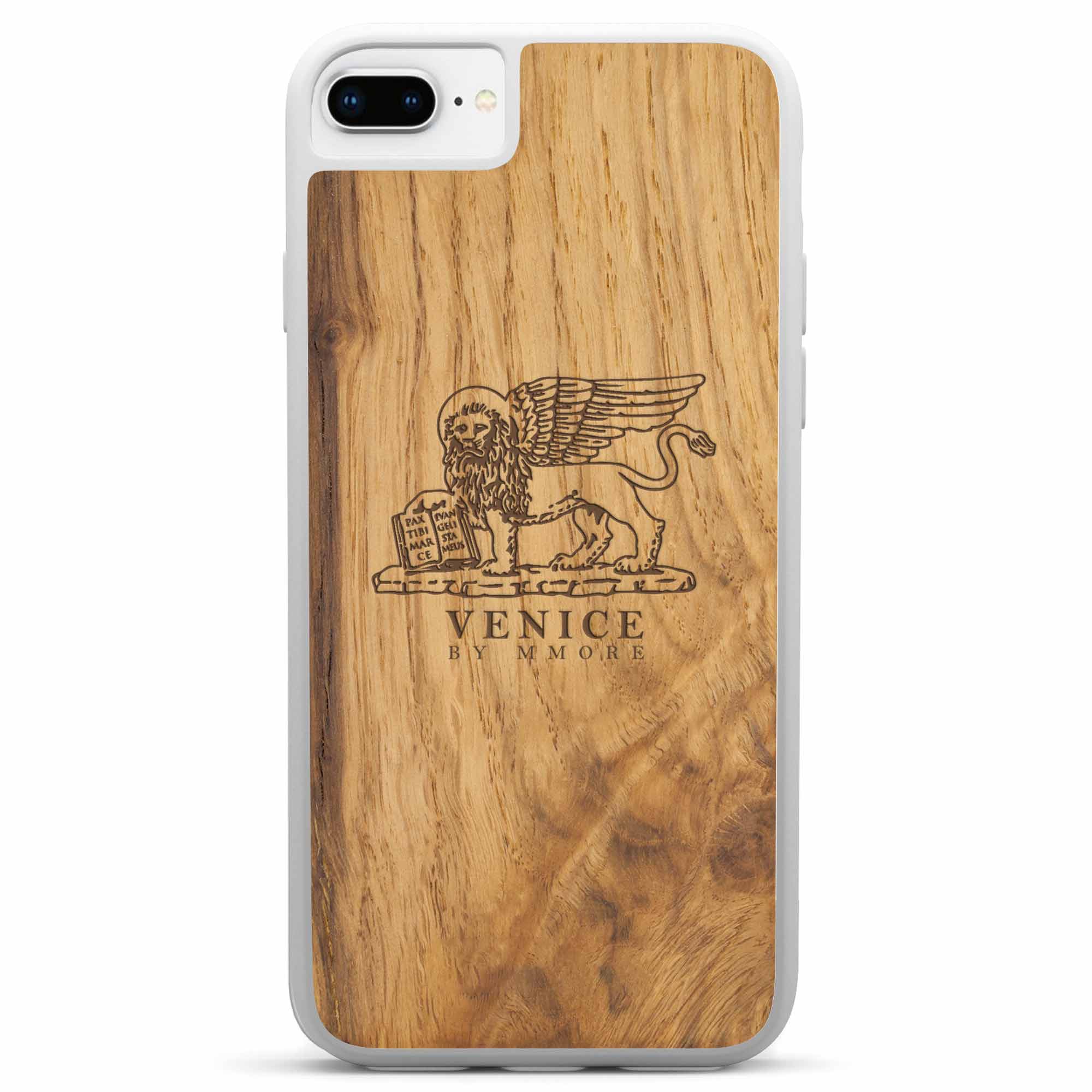 Handcrafted Venice phone case featuring the Lion of St. Marco, made from ancient oak wood, showcasing its unique grain and engraving.