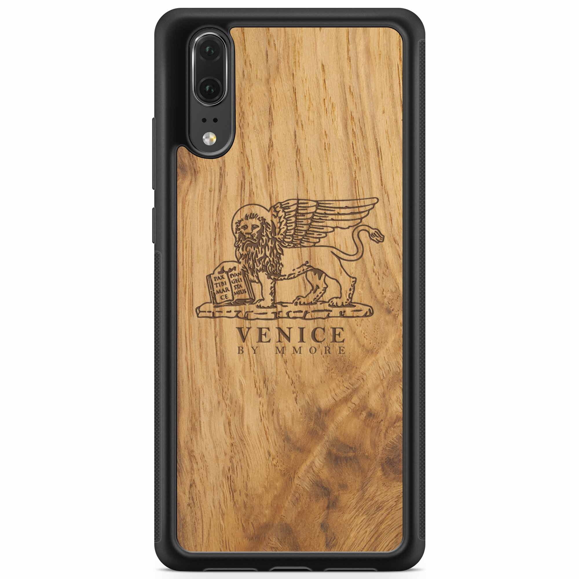 Handcrafted Venice phone case featuring the Lion of St. Marco, made from ancient oak wood, showcasing its unique grain and engraving.