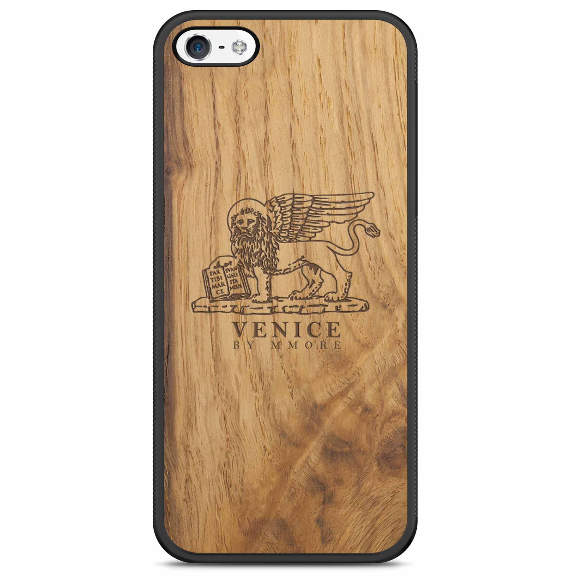 Handcrafted Venice phone case featuring the Lion of St. Marco, made from ancient oak wood, showcasing its unique grain and engraving.