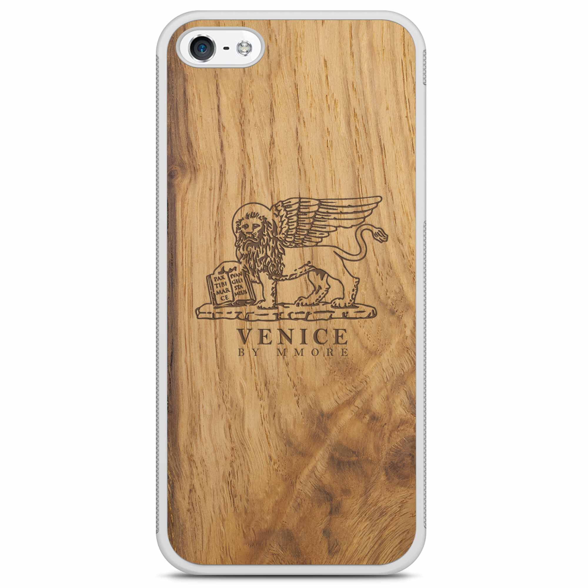 Handcrafted Venice phone case featuring the Lion of St. Marco, made from ancient oak wood, showcasing its unique grain and engraving.