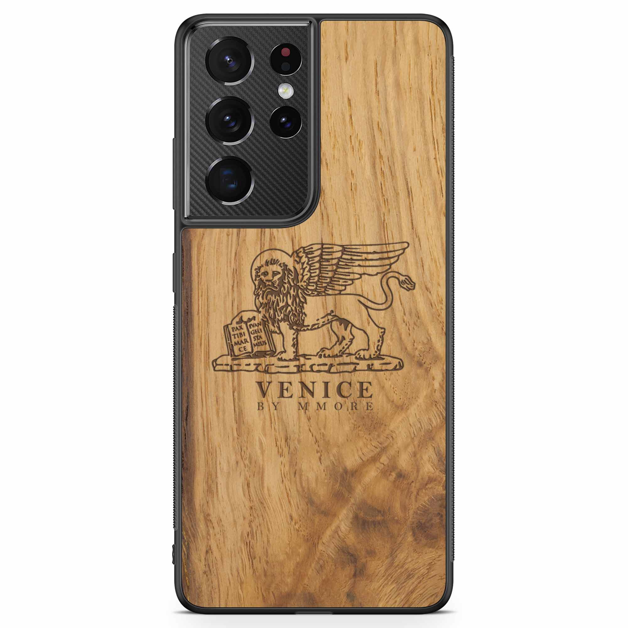Handcrafted Venice phone case featuring the Lion of St. Marco, made from ancient oak wood, showcasing its unique grain and engraving.