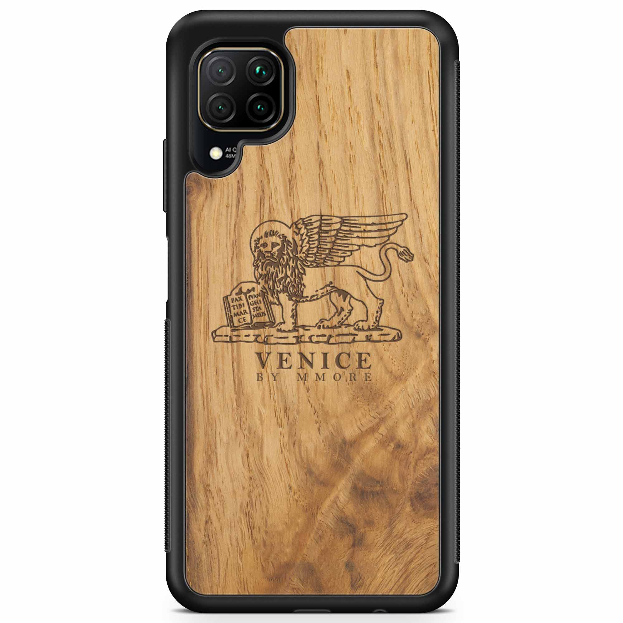 Handcrafted Venice phone case featuring the Lion of St. Marco, made from ancient oak wood, showcasing its unique grain and engraving.