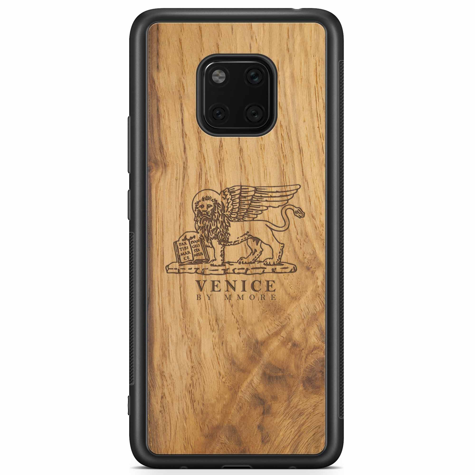 Handcrafted Venice phone case featuring the Lion of St. Marco, made from ancient oak wood, showcasing its unique grain and engraving.