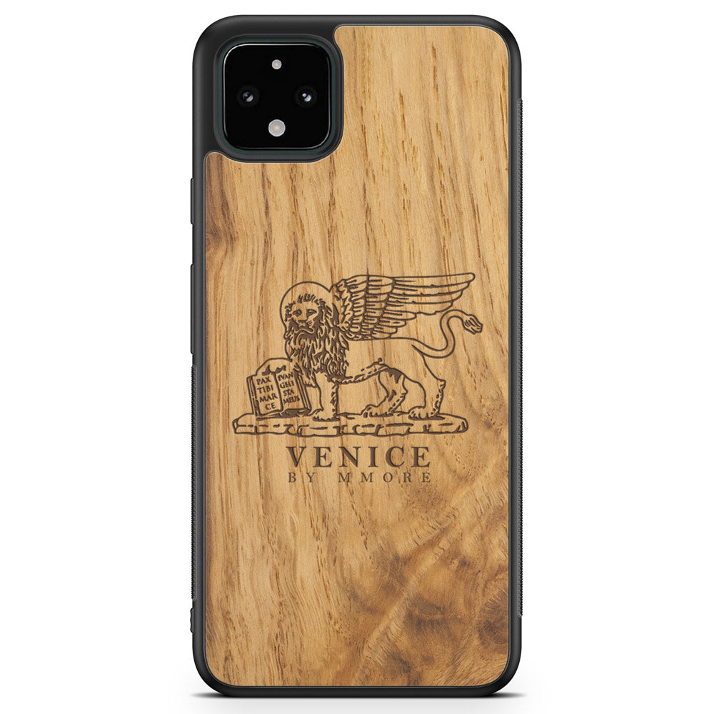 Handcrafted Venice phone case featuring the Lion of St. Marco, made from ancient oak wood, showcasing its unique grain and engraving.